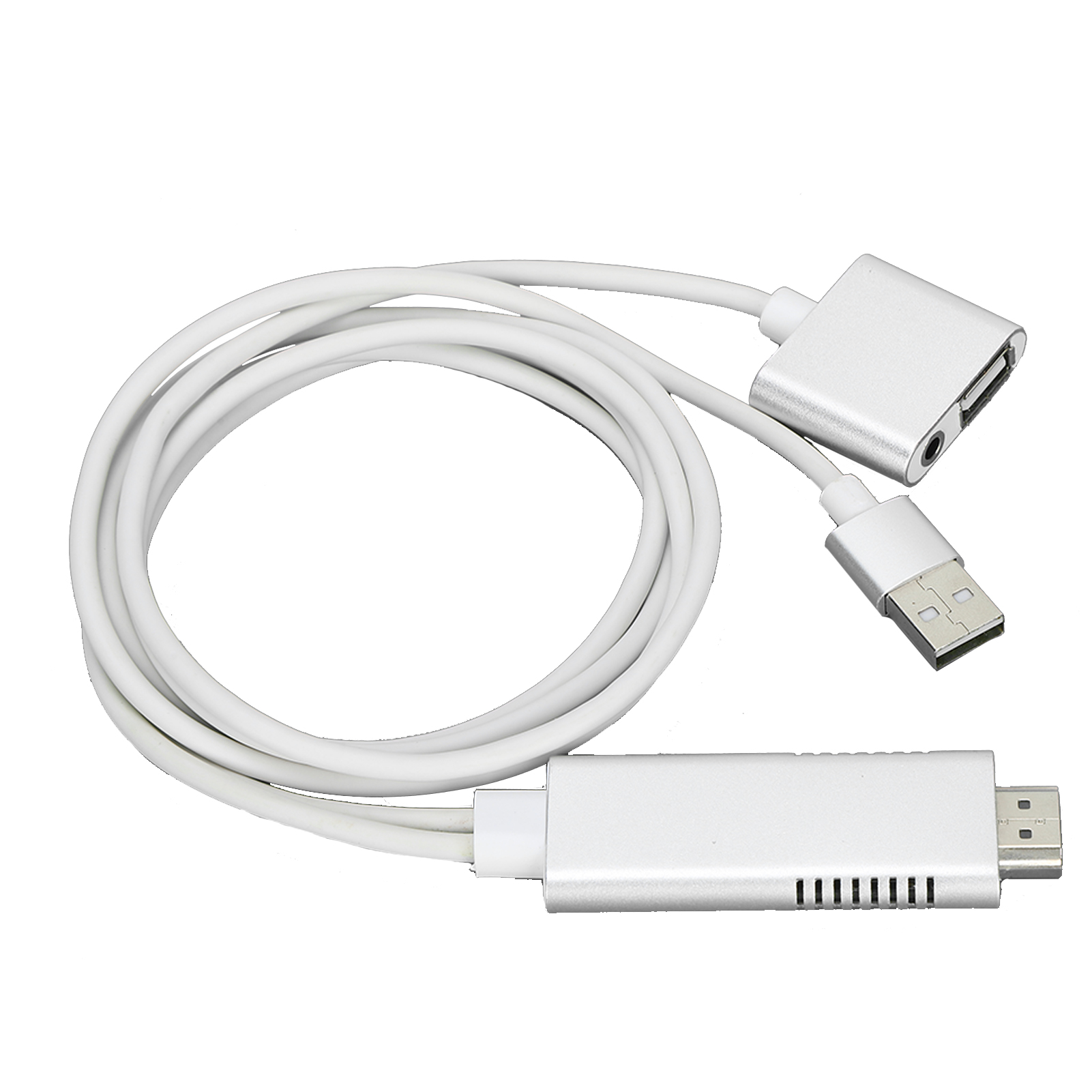 Ein weißes Kabel mit silbernen Anschlüssen. Ein Ende hat einen USB-Anschluss, das andere einen HDMI-Anschluss. Ein zusätzlicher Adapter mit Audio.
