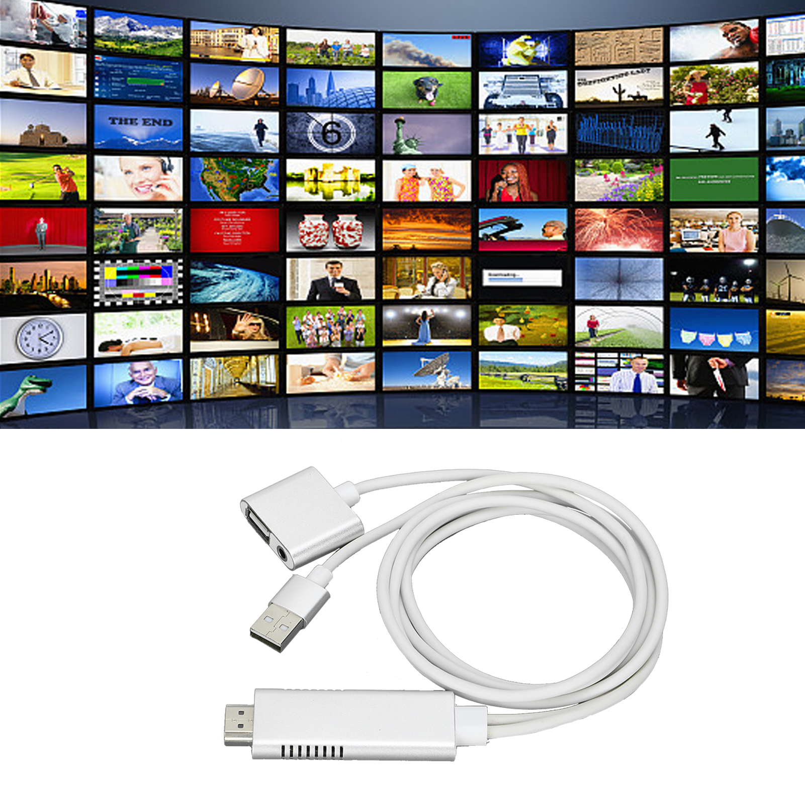 Eine Wand aus Bildschirmen mit unterschiedlichen Inhalten. Darunter liegt ein weißes Kabel mit drei silbernen Steckern.