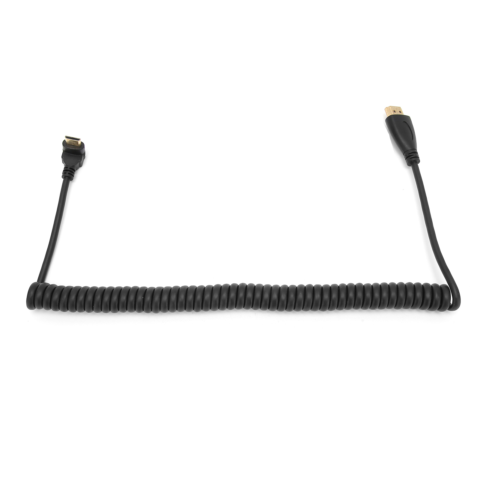 Ein schwarzes, gewendeltes HDMI-Kabel liegt auf weißem Hintergrund. Die Enden haben Anschlüsse. Das Kabel hat eine U-Form.