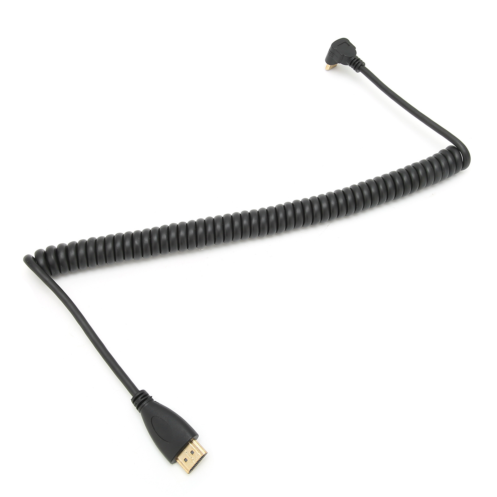Schwarzes HDMI-Kabel mit gewendelter Mitte. Ein Ende ist ein HDMI-Standardanschluss, das andere ein abgewinkelter Mini-HDMI.