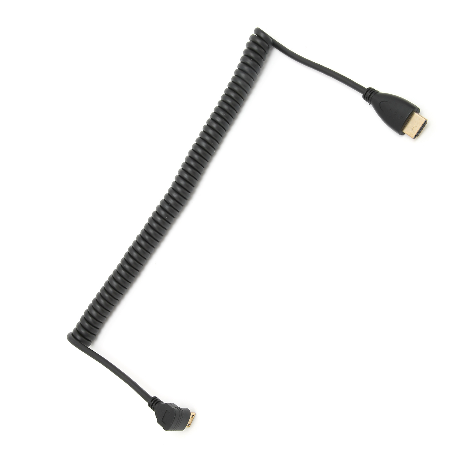 Ein schwarzes, spiralförmiges HDMI-Kabel liegt diagonal auf weißem Hintergrund, mit Anschlüssen an jedem Ende.