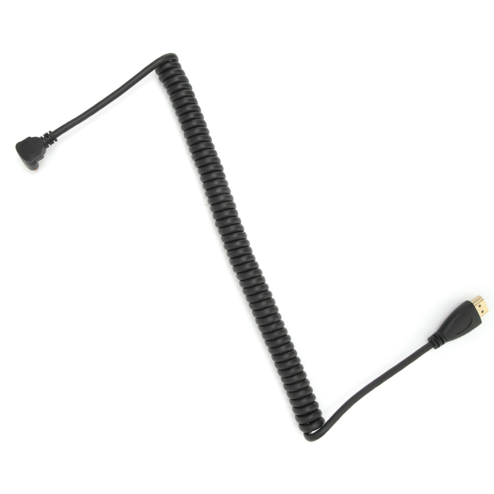 Ein schwarzes, gewendeltes HDMI-Kabel liegt auf weißem Hintergrund. Das Kabel ist abgewinkelt und hat an jedem Ende Anschlüsse.