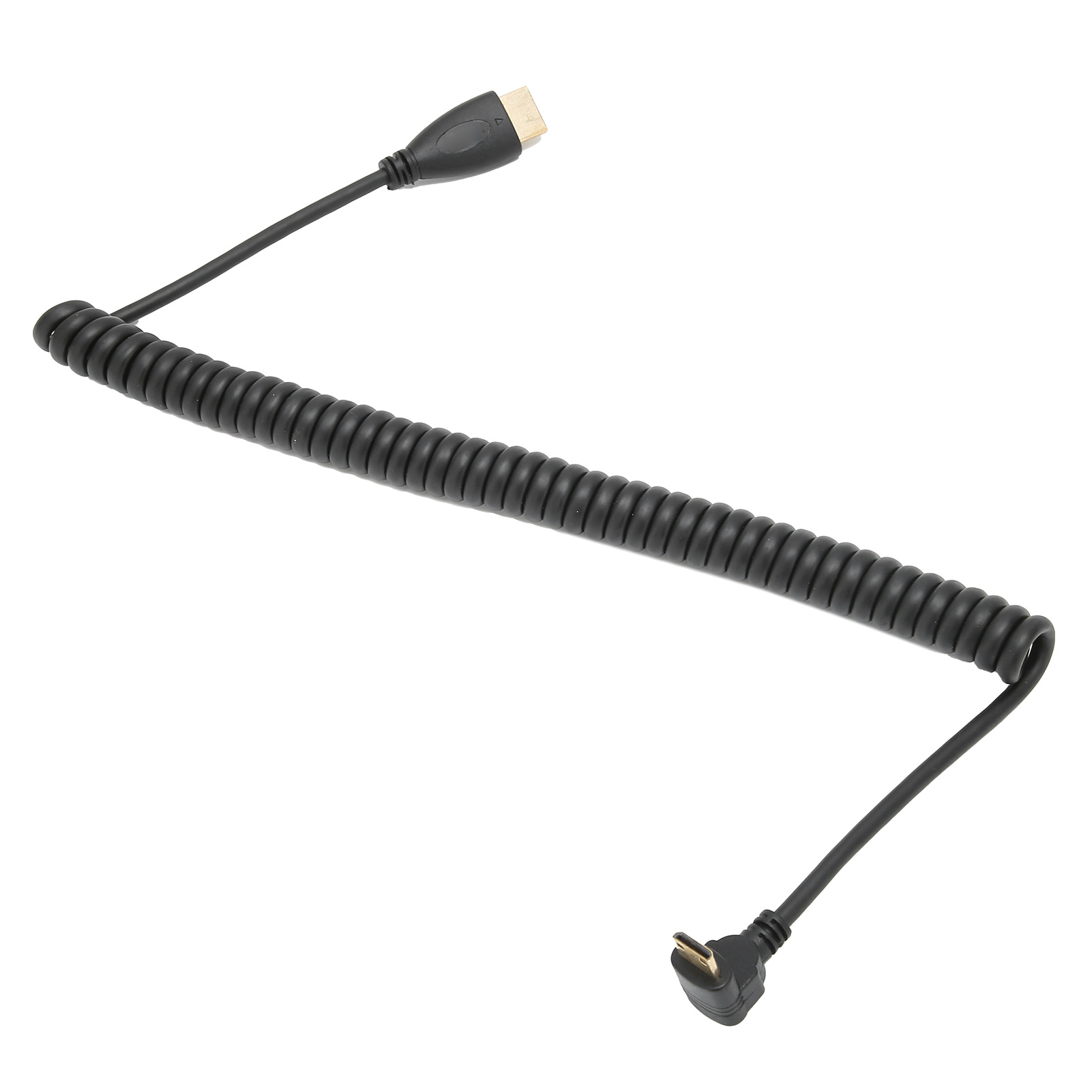 Ein schwarzes, gewendeltes HDMI-Kabel mit Anschlüssen an beiden Enden, einmal HDMI und einmal abgewinkeltes Micro-USB, vor weißem Hintergrund.