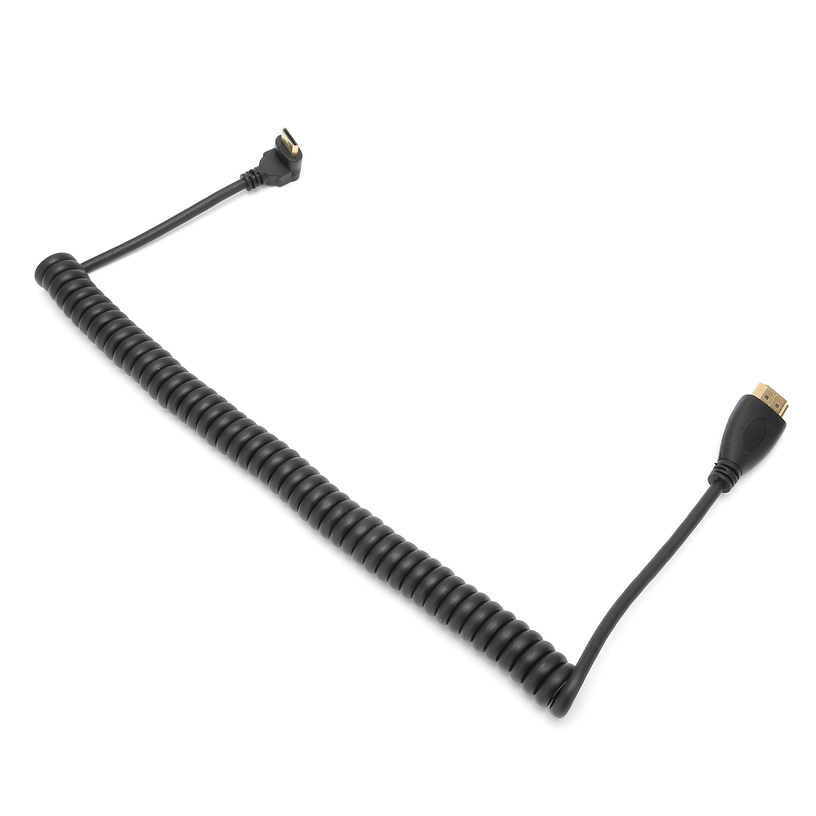 Ein schwarzes, gewendeltes HDMI-Kabel mit Anschlüssen an jedem Ende. Ein Anschluss ist abgewinkelt. Der Hintergrund ist weiß.