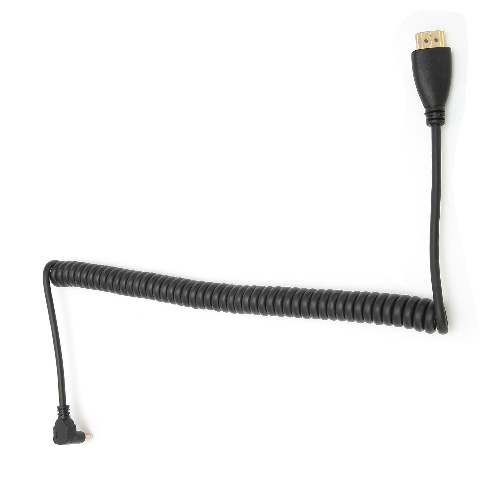 Ein schwarzes HDMI-Kabel mit einem spiralförmigen Abschnitt und Anschlüssen an jedem Ende, vor weißem Hintergrund.