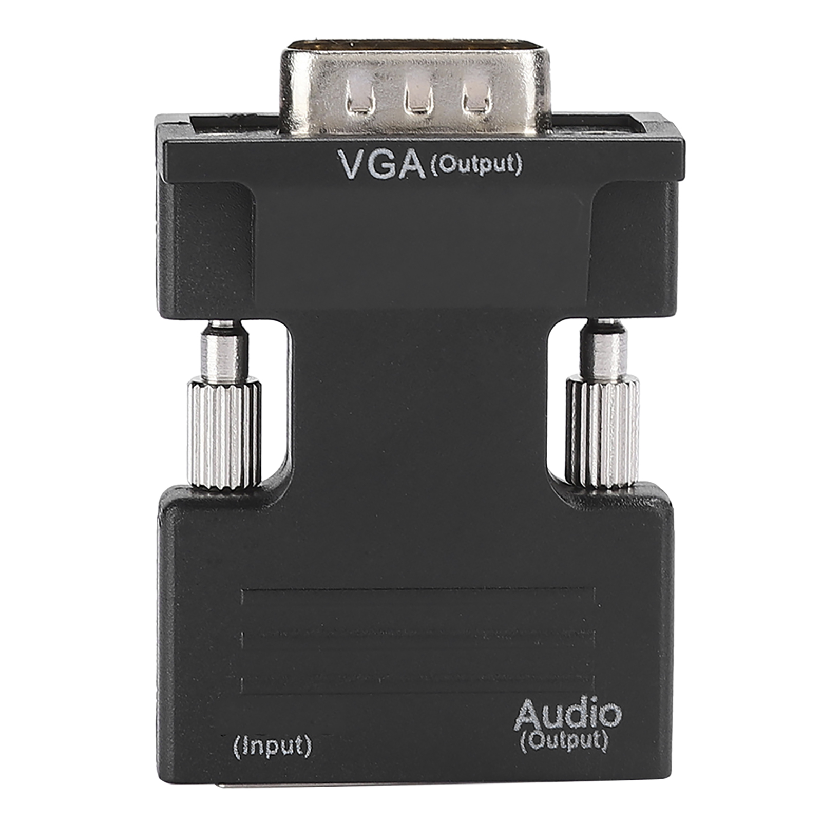 Schwarzer VGA-zu-Audio-Adapter. Er hat einen VGA-Ausgang und einen Audio-Ausgang. Silberne Schrauben an den Seiten.