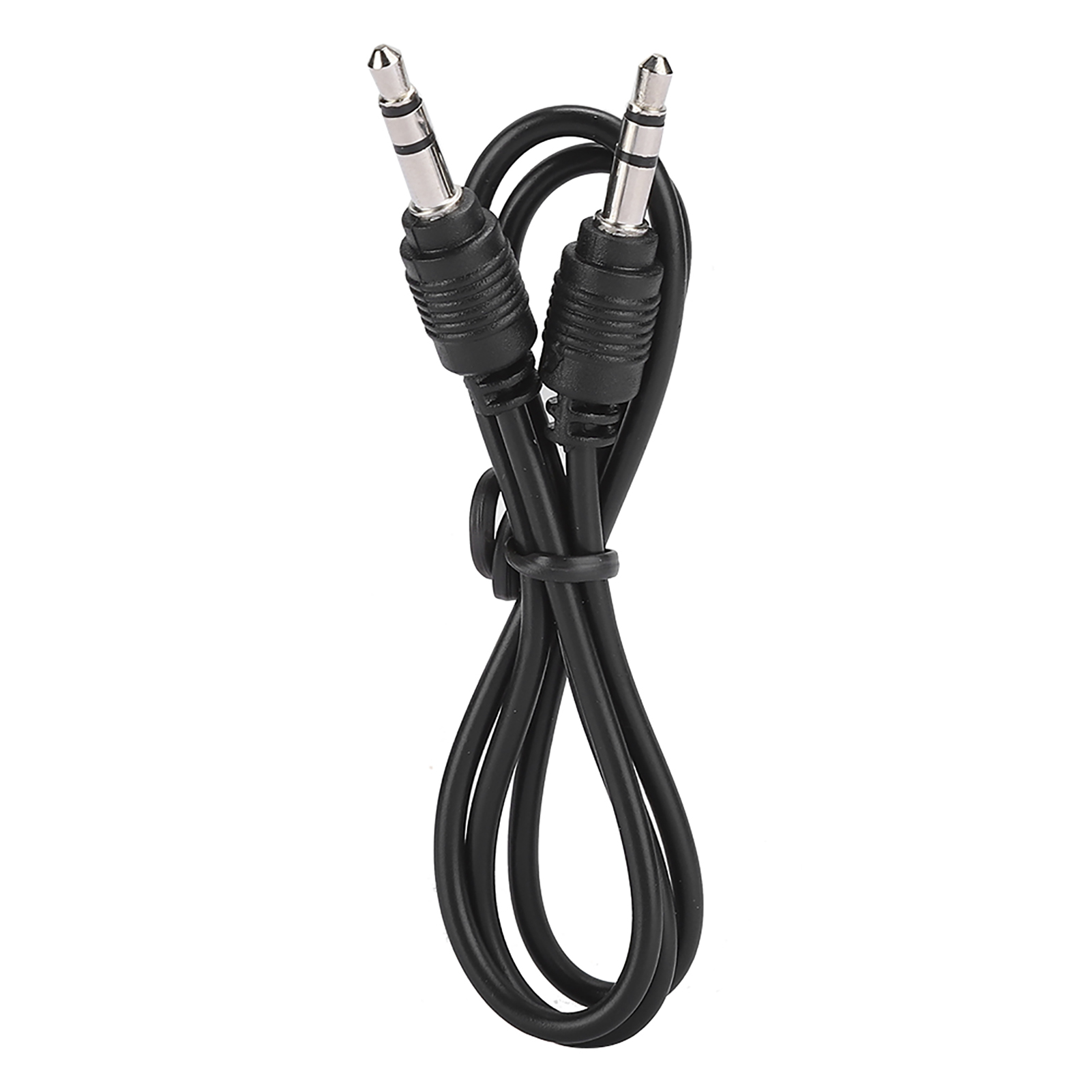 Zwei schwarze Audio-Kabel sind zusammengebunden. Die Stecker sind silber, die Kabel schwarz und der Hintergrund ist weiß.