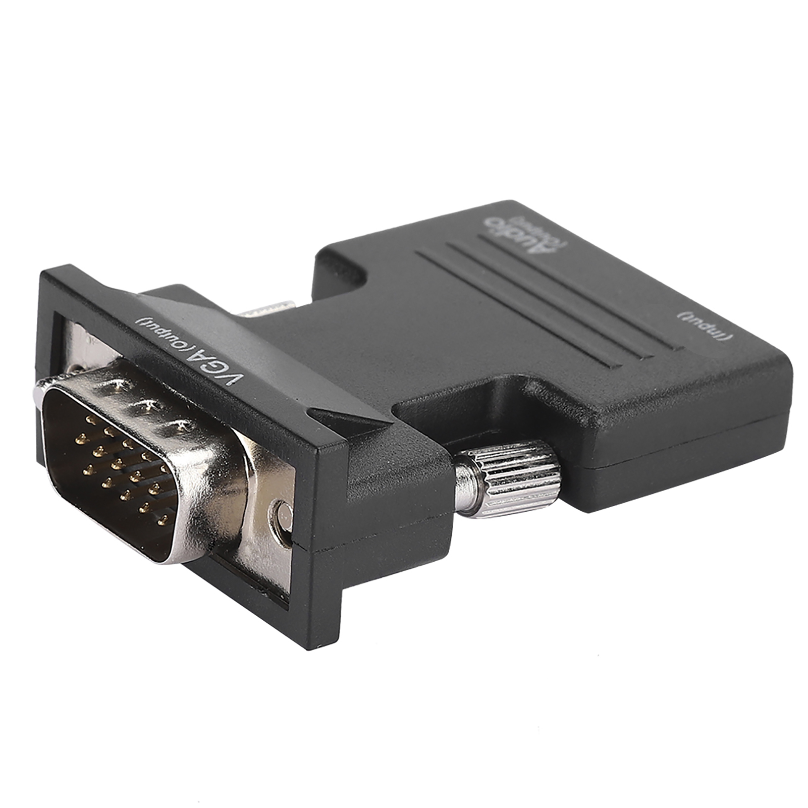 Schwarzer VGA-zu-Audio-Adapter. Er hat einen VGA-Anschluss und einen Schraubanschluss und ist als Eingang und Ausgang gekennzeichnet.