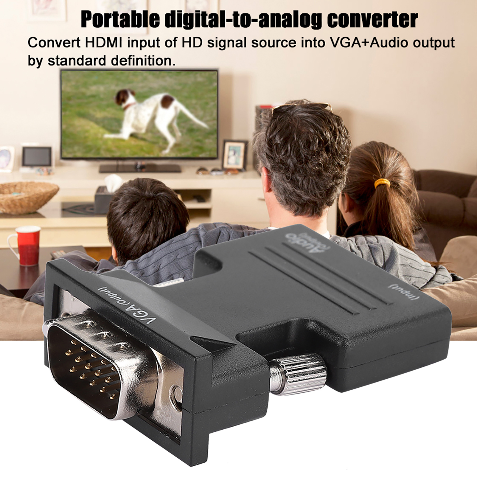 Ein schwarzer Digital-Analog-Wandler steht im Mittelpunkt. Menschen schauen fern. Das Fernsehgerät zeigt einen Hund. Text beschreibt den Wandler.