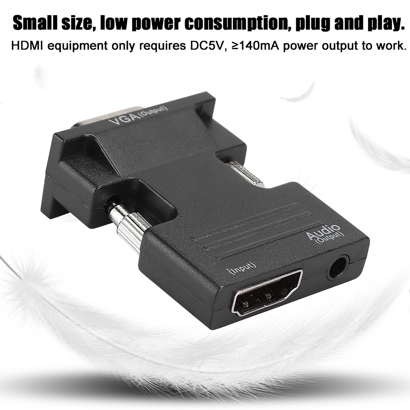 Schwarzer HDMI-zu-VGA-Adapter. Er hat einen VGA-Ausgang und einen HDMI-Eingang. Text-Overlay: kleine Größe, geringer Stromverbrauch, Plug and Play.