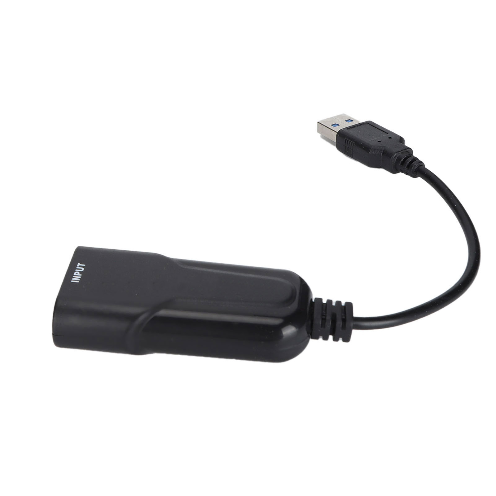 Schwarzer USB-Adapter mit USB-Anschluss und einem mit 'INPUT' beschrifteten Anschluss. Weißer Hintergrund.