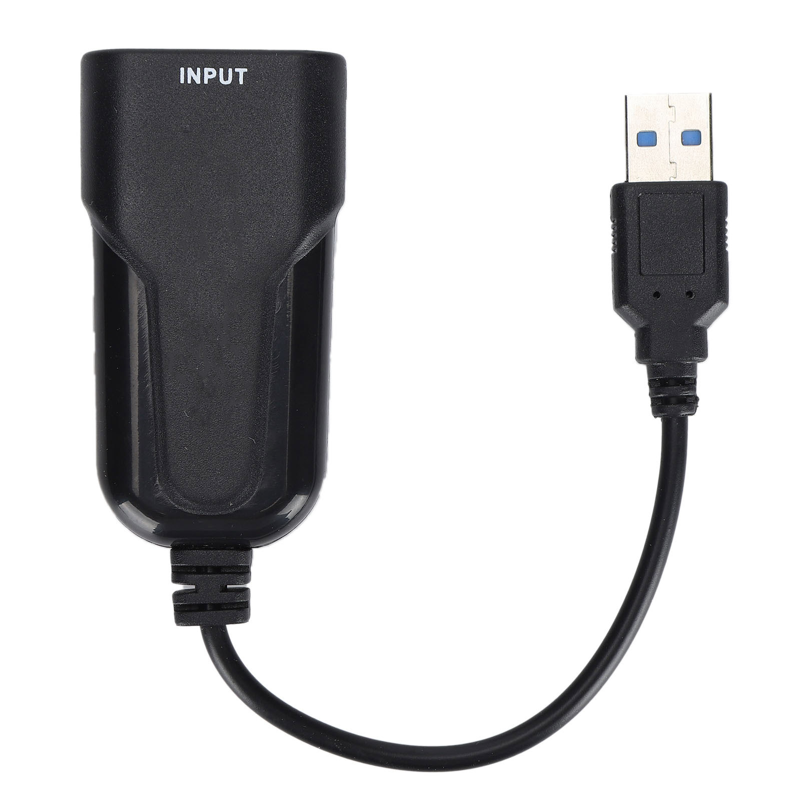 Ein schwarzes USB-Adapterkabel. Der Eingang ist beschriftet, das USB-Ende hat einen blauen Einsatz. Weißer Hintergrund.