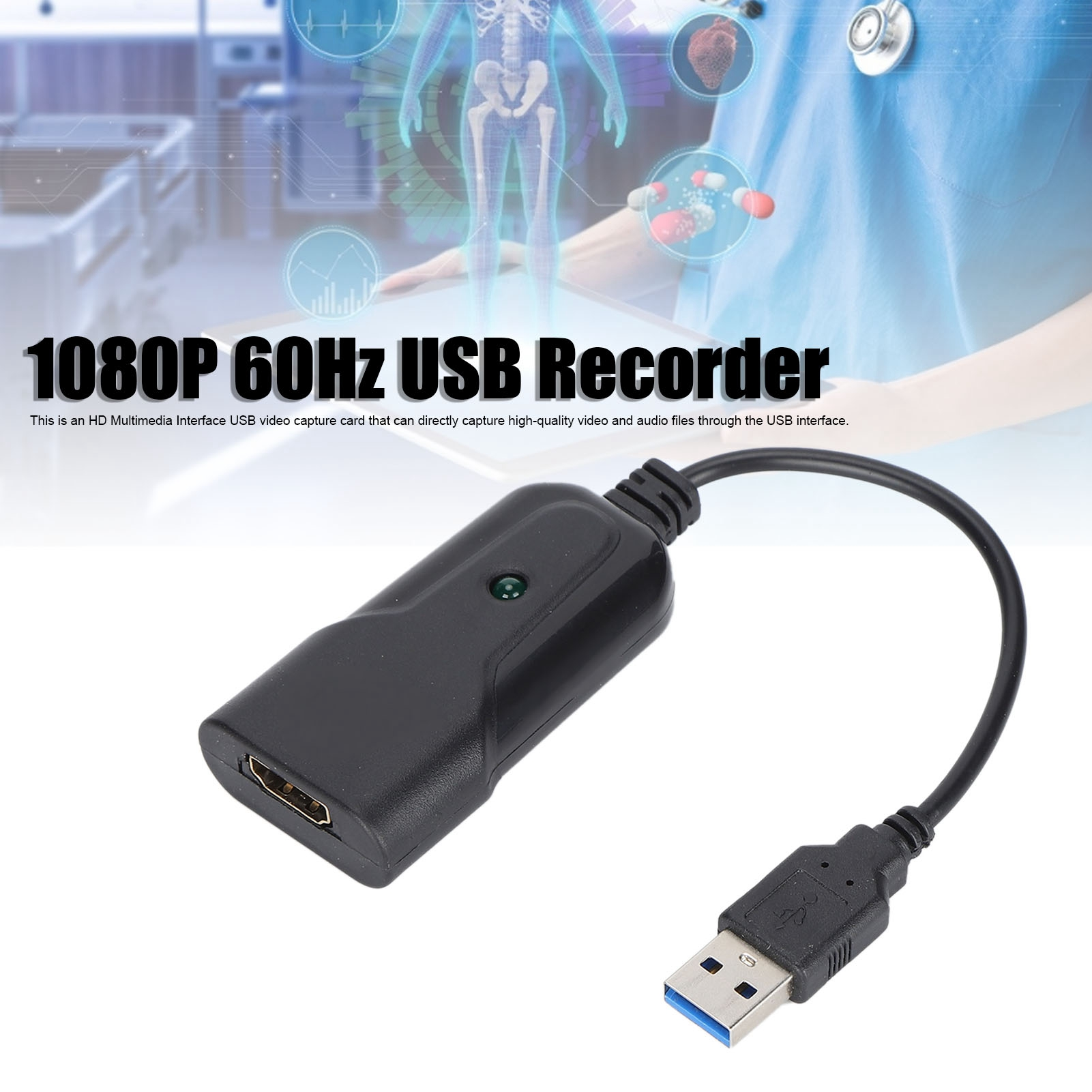 Schwarze USB-Video-Aufnahmekarte mit HDMI- und USB-Anschlüssen. Hintergrund zeigt medizinisches Thema und Textüberlagerung.