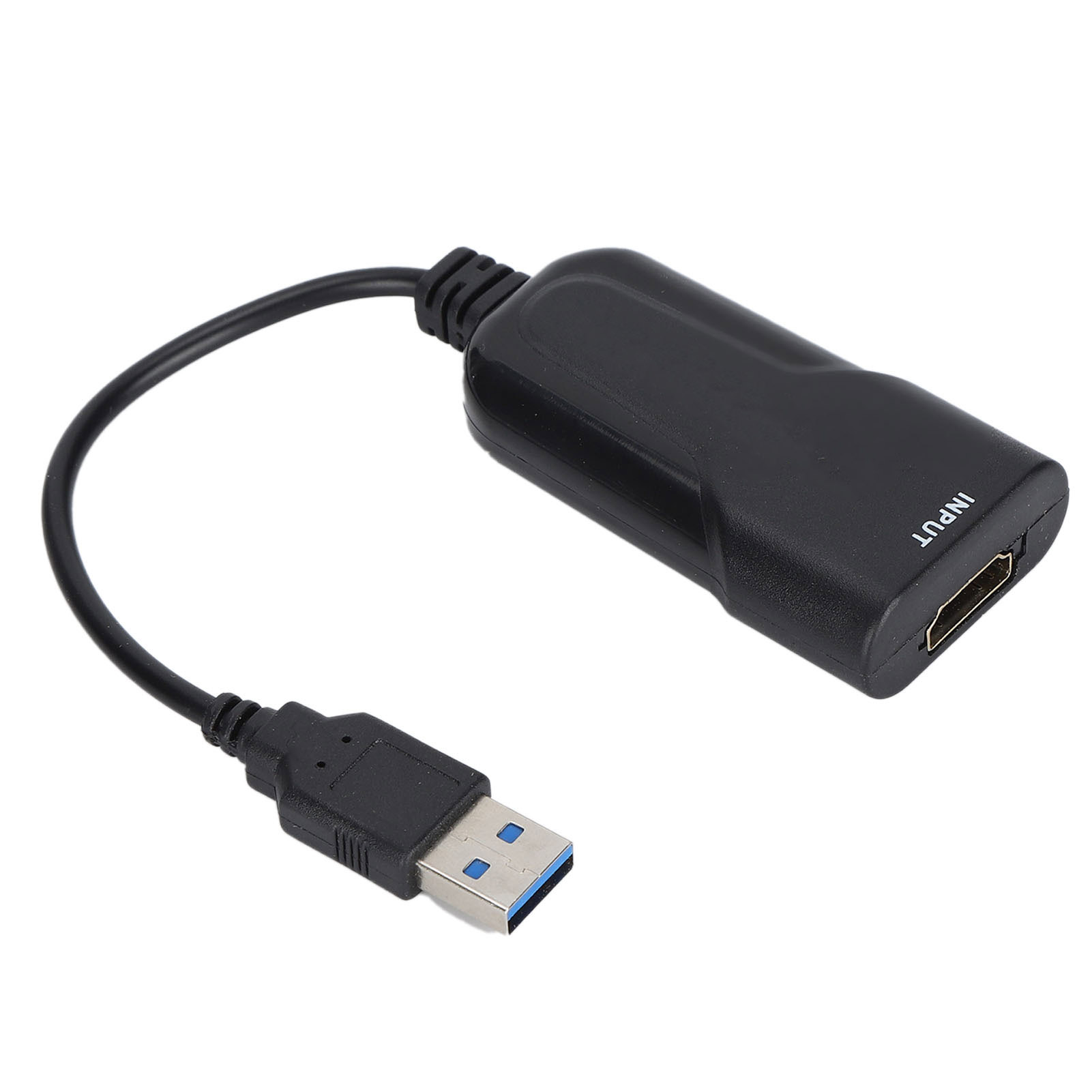 Ein schwarzer USB-zu-HDMI-Adapter. Er hat einen USB-Anschluss, ein Kabel und einen schwarzen rechteckigen HDMI-Anschluss mit der Aufschrift 'INPUT'.