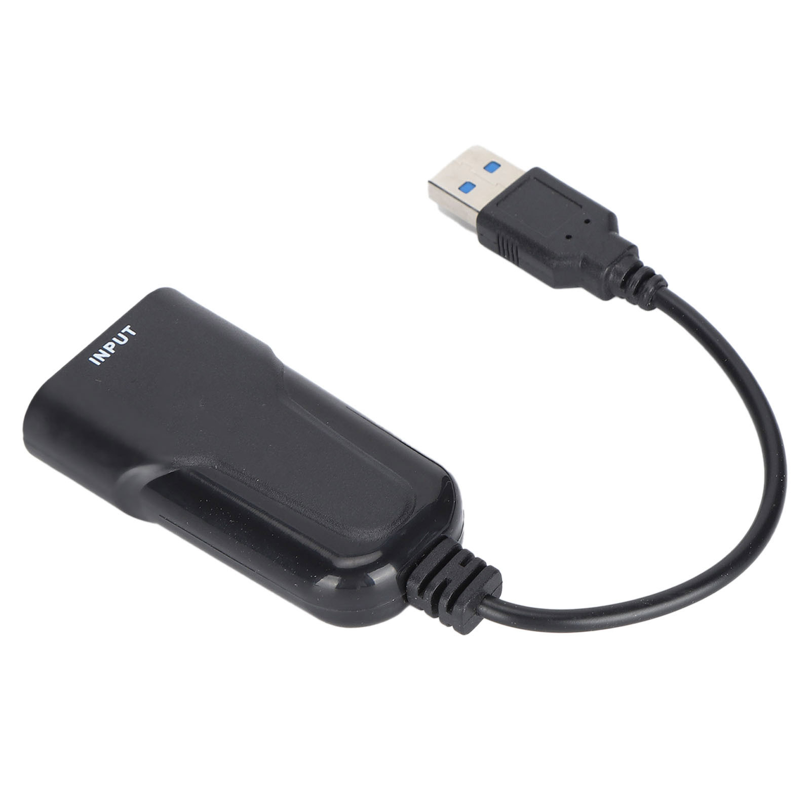 Schwarzes USB-Adapterkabel mit USB-Anschluss und Eingang. Weißer Hintergrund.