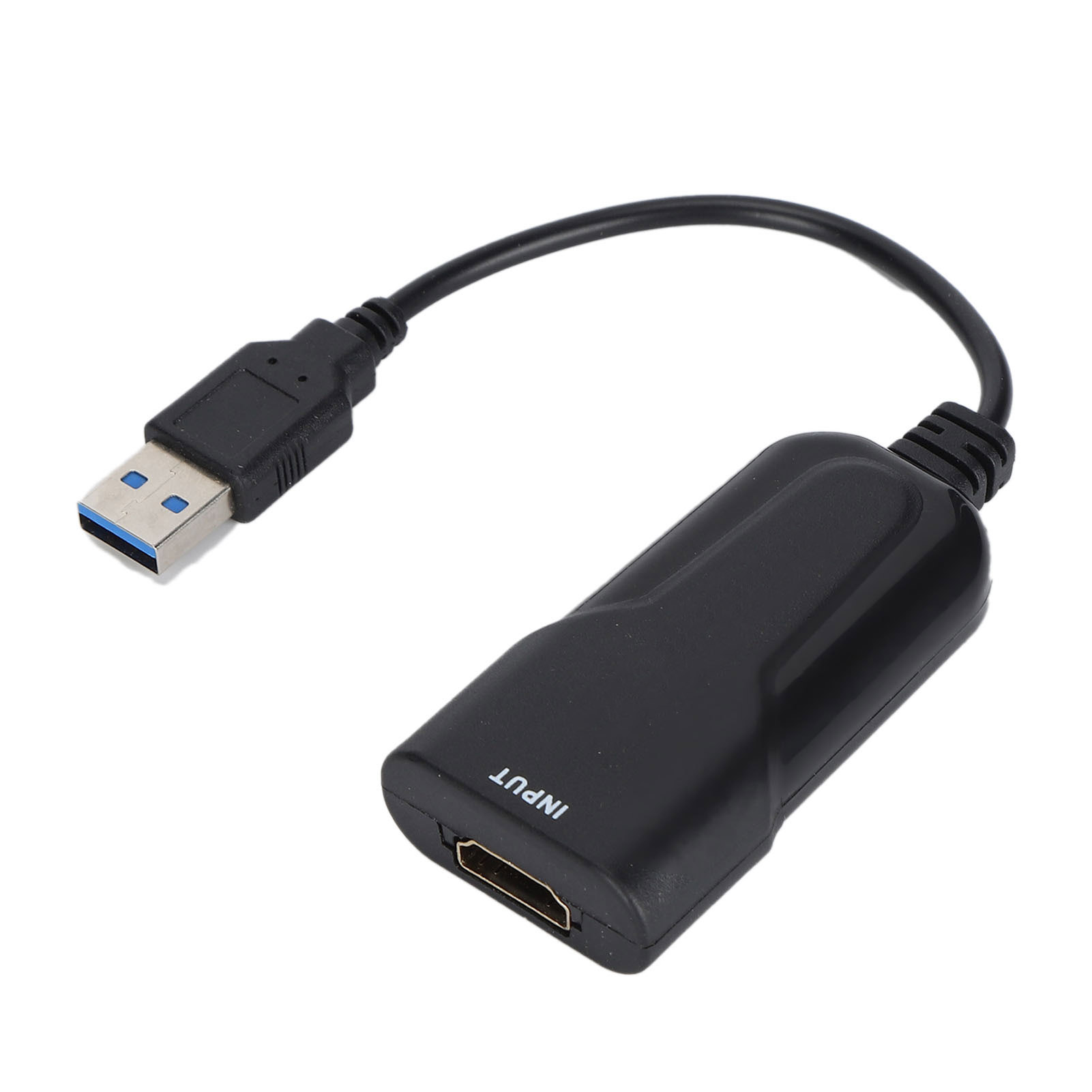 Ein schwarzer USB-zu-HDMI-Adapter. Er hat einen USB-Anschluss an einem Ende und einen HDMI-Anschluss am anderen, mit der Aufschrift INPUT.