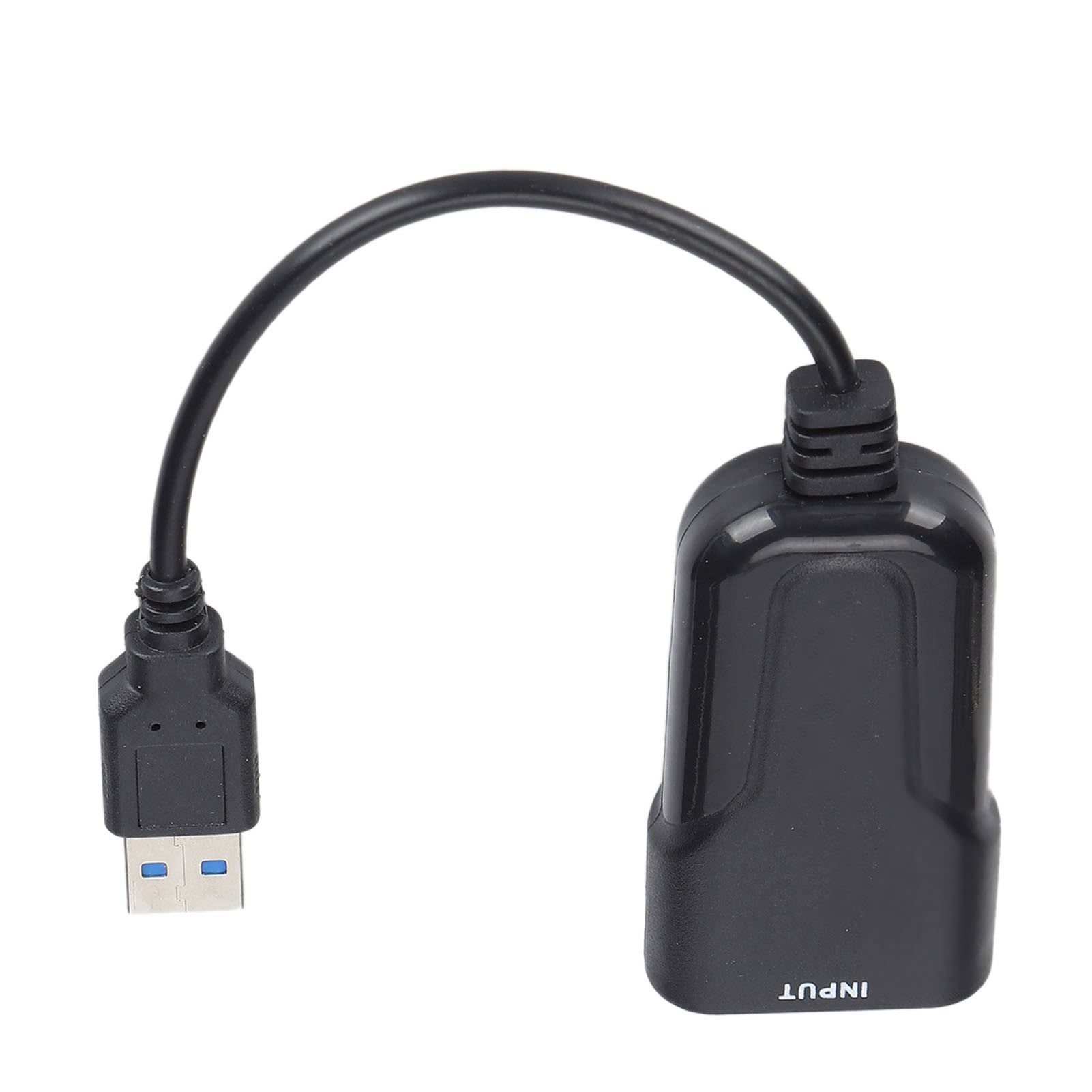Schwarzer USB-Adapter mit gebogenem Kabel, das einen USB-Stecker und einen rechteckigen Anschluss verbindet, beschriftet mit 'INPUT'.