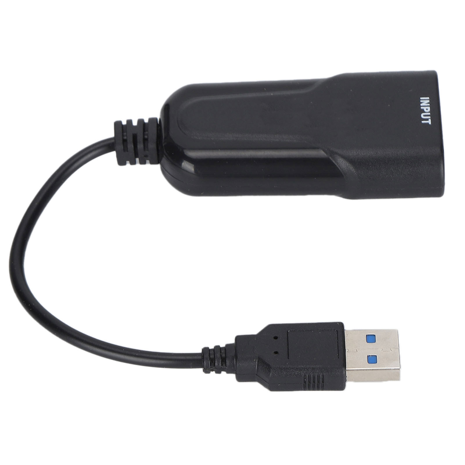 Ein schwarzer USB-Adapter mit Kabel zu einem USB-Anschluss. Der Adapter ist mit 'INPUT' beschriftet.