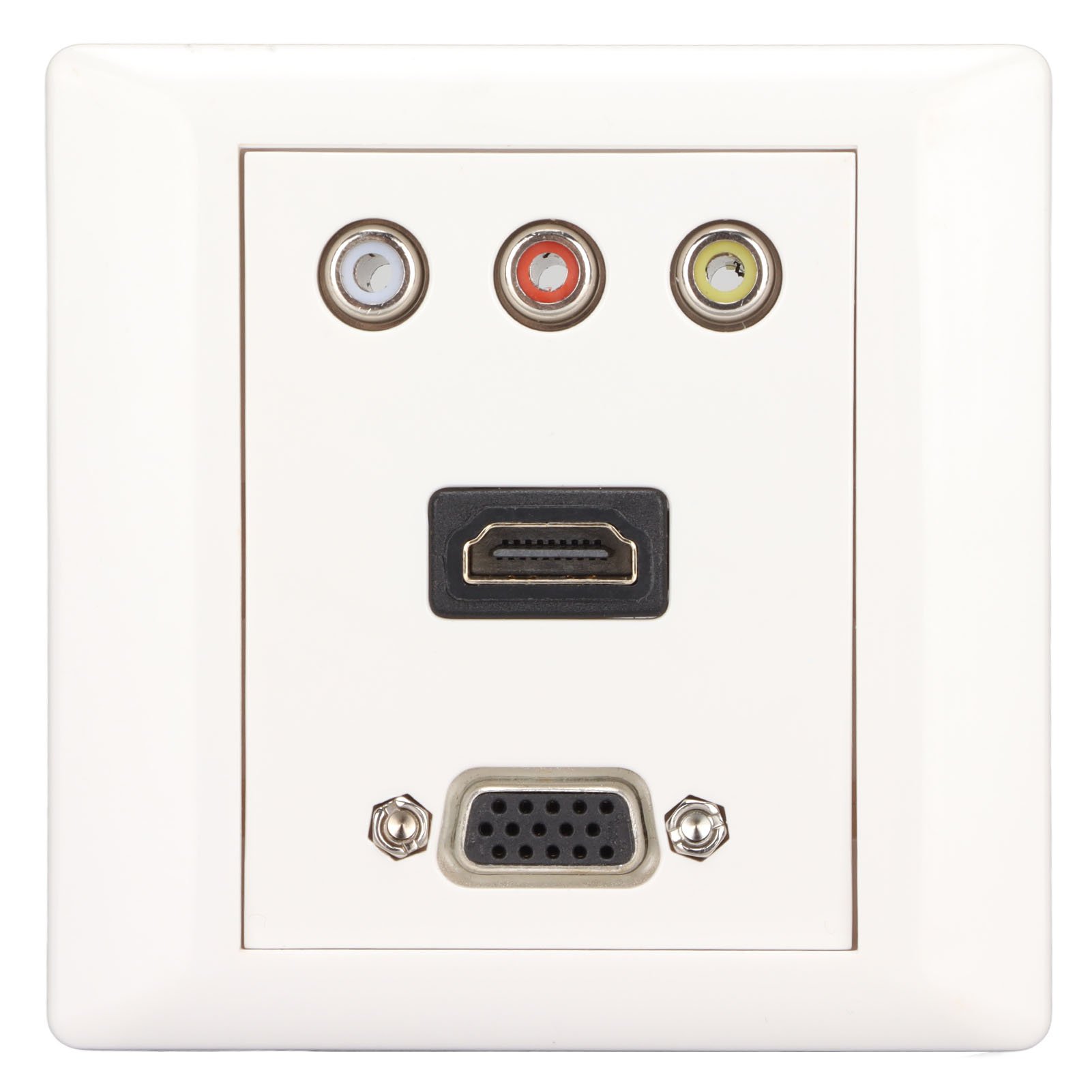 Weiße Wandplatte mit drei AV-Anschlüssen, HDMI-Anschluss und VGA-Anschluss.