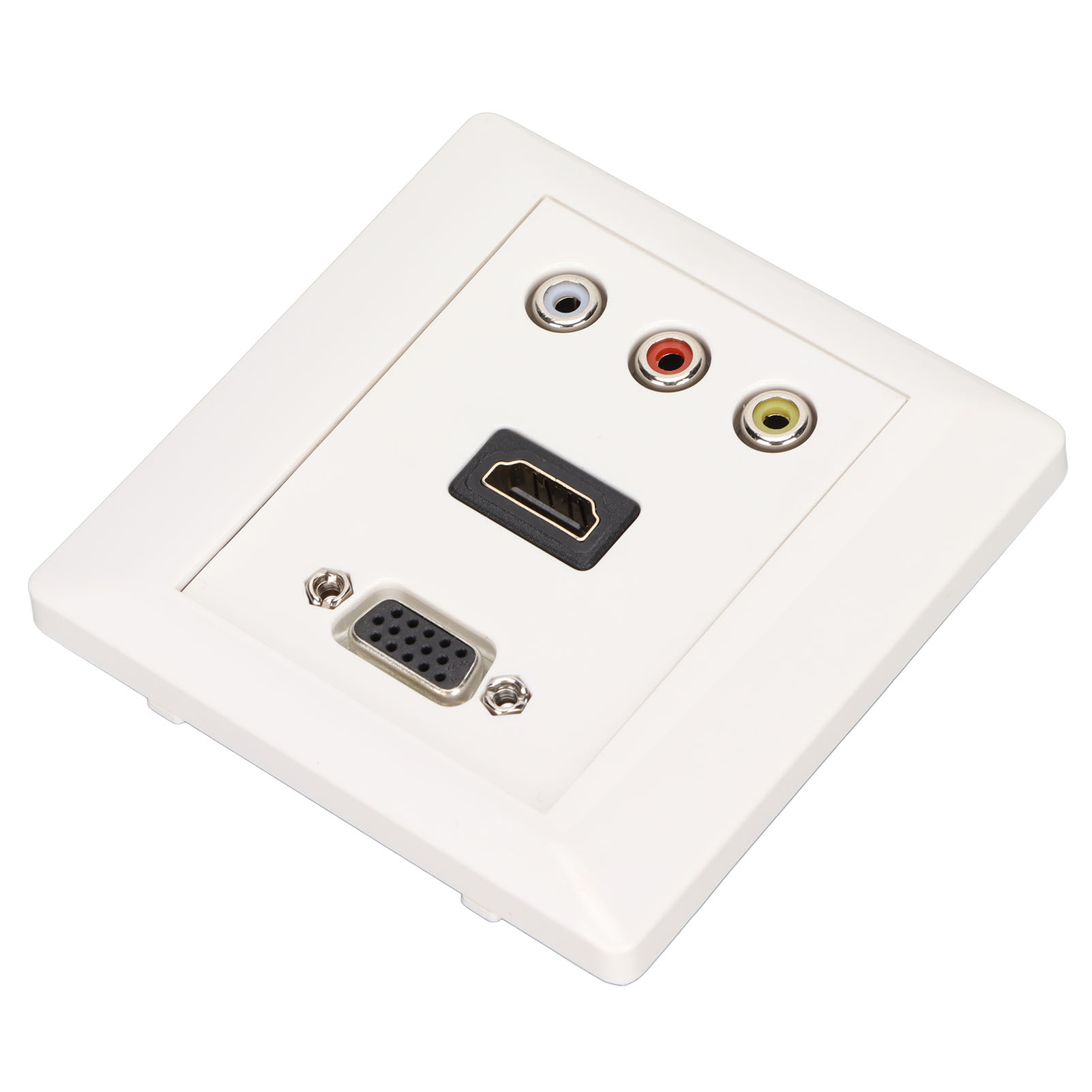Eine weiße Wandplatte mit HDMI-, VGA- und Cinch-Anschlüssen.