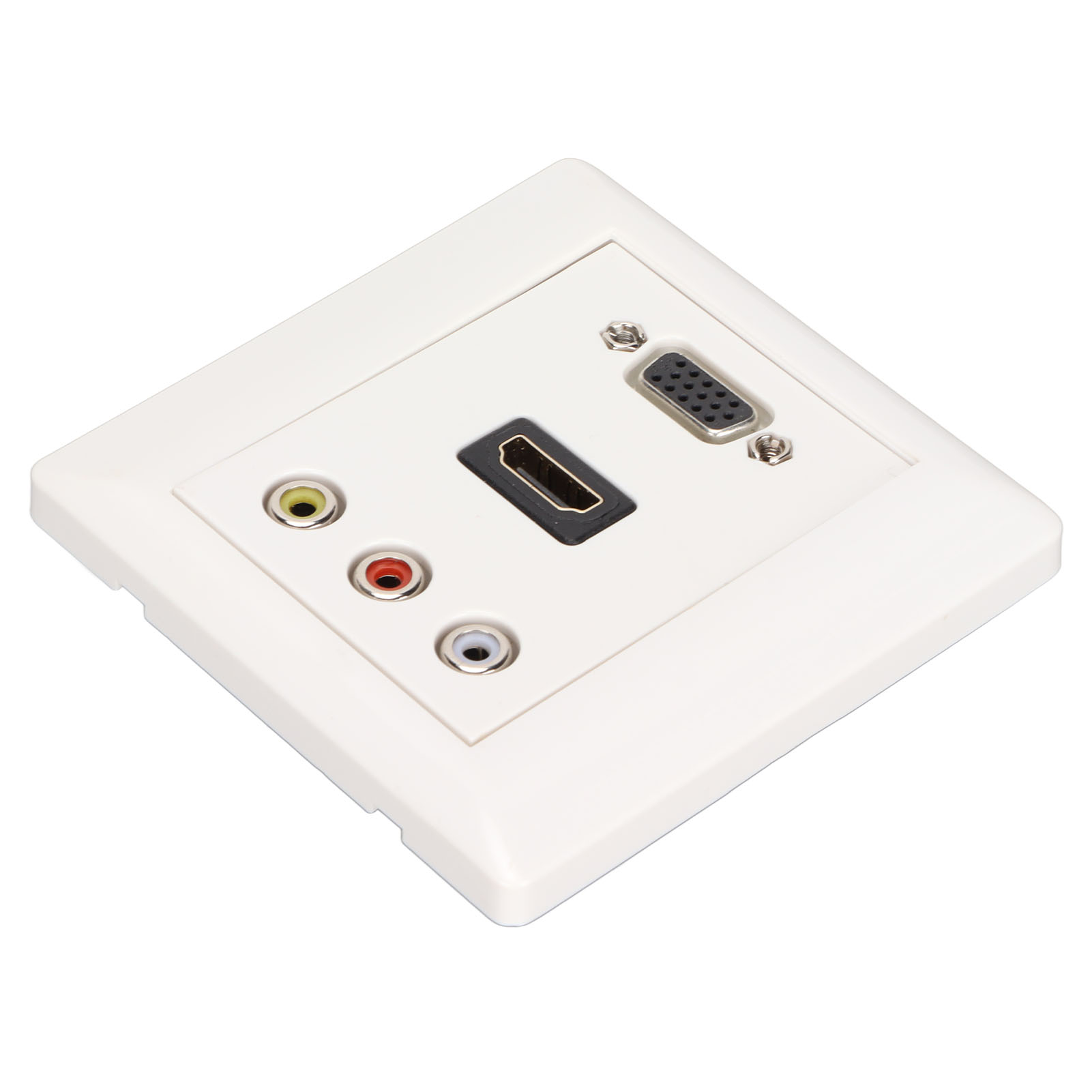 Weiße Wandplatte mit HDMI-, VGA- und Cinch-Anschlüssen. HDMI ist schwarz. Cinch-Anschlüsse sind gelb, rot und weiß.