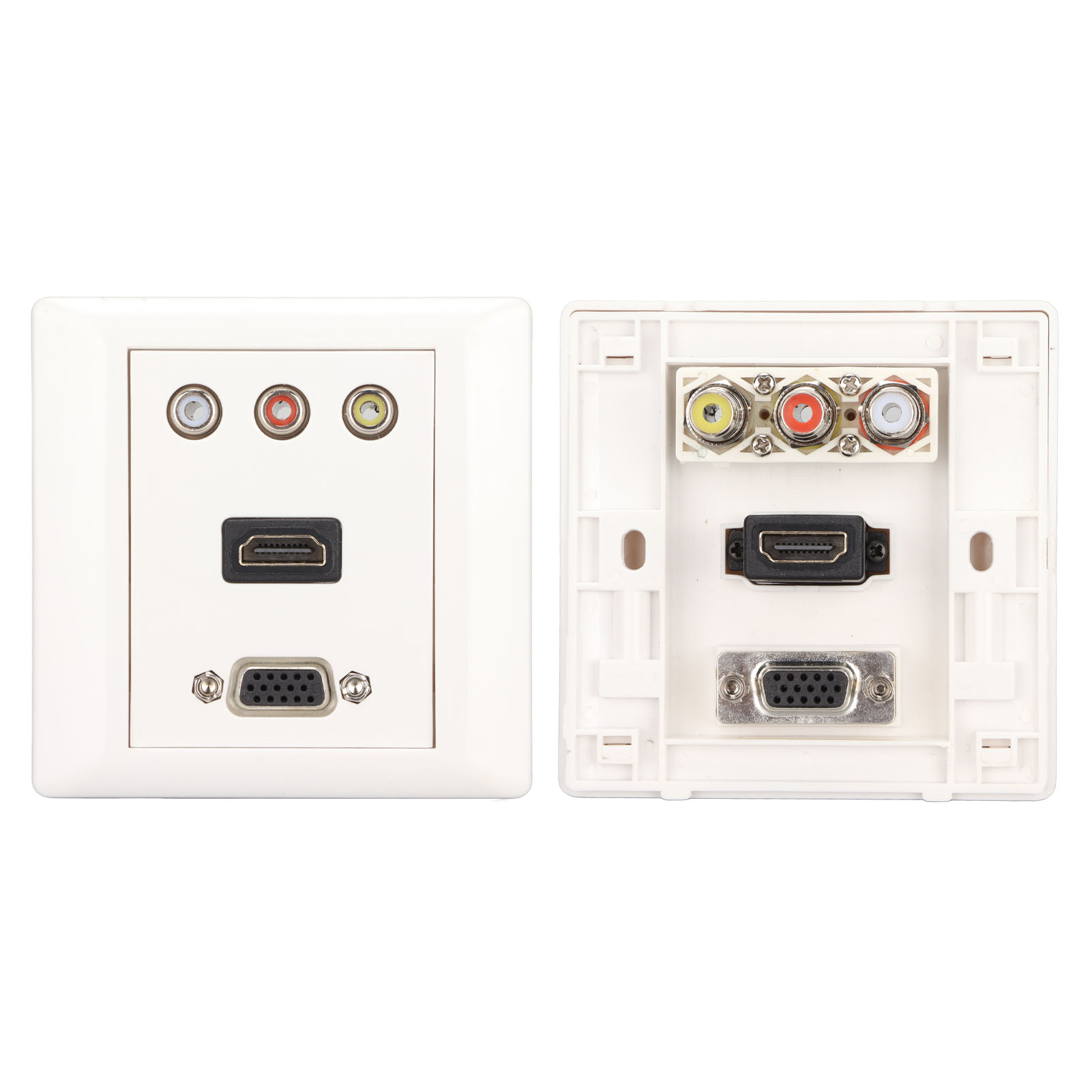 Weiße Wandplatte mit Audio-/Videoanschlüssen: Cinch, HDMI und VGA. Eine zeigt die Vorderseite, die andere die Rückseite.