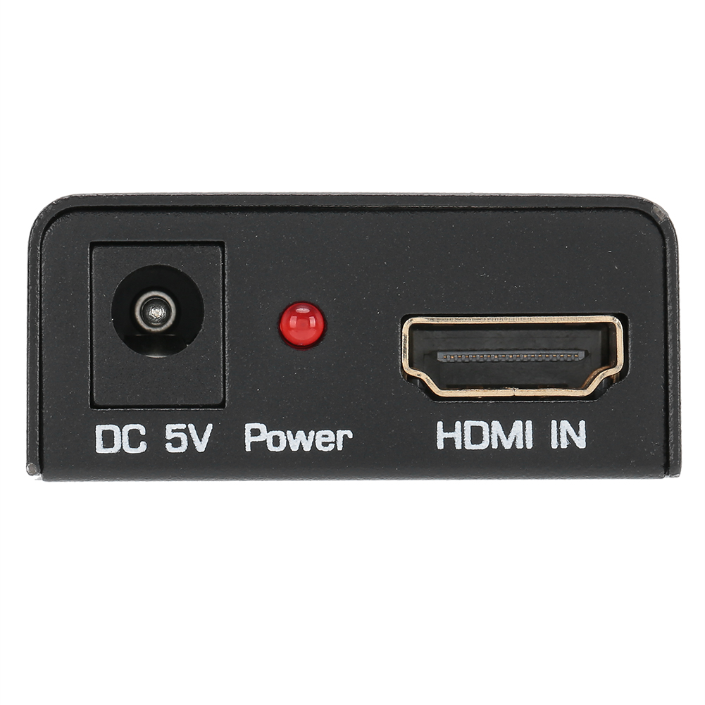 Ein schwarzer HDMI-Adapter mit Stromeingang und -ausgang. Er hat einen DC 5V-Stromeingang, eine rote Betriebsanzeige und einen HDMI IN-Anschluss.
