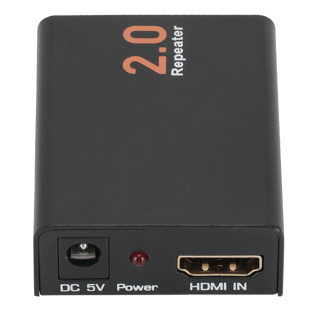 Schwarzer HDMI-Repeater. Verfügt über HDMI IN, DC 5V und Betriebsanzeigen. Liest 2.0 Repeater in orangefarbenem Text.