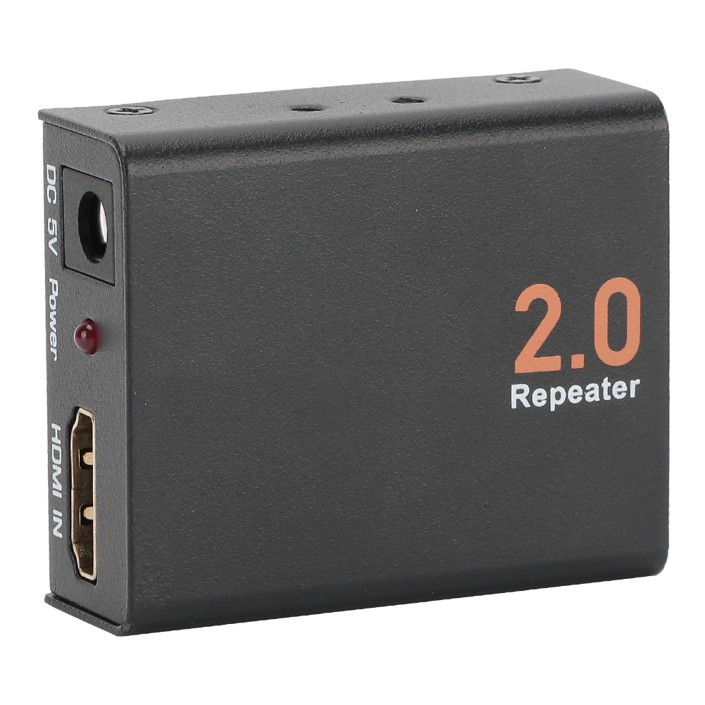 Schwarzer HDMI-Repeater. Merkmale: Stromeingang, HDMI-Eingang und orangefarbener Text '2.0 Repeater'. Rote Anzeige leuchtet.