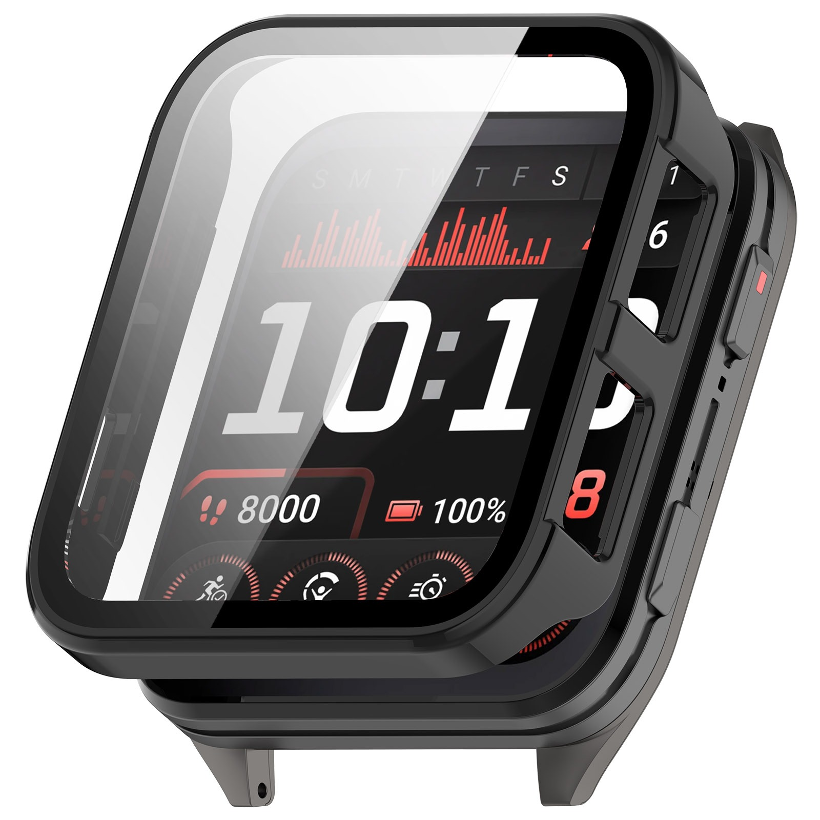Schwarze Smartwatch mit Schutzhülle, die die Uhrzeit 10:10, 8000 Schritte und 100 % Akku anzeigt. Rote Akzente auf dem Display.