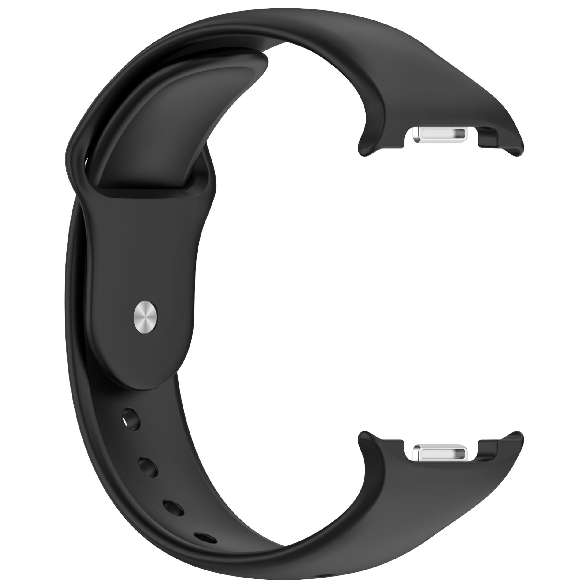 Ein schwarzes Uhrenarmband in 'C'-Form. Es hat einen Metallstift und Löcher zur Anpassung. Weißer Hintergrund.