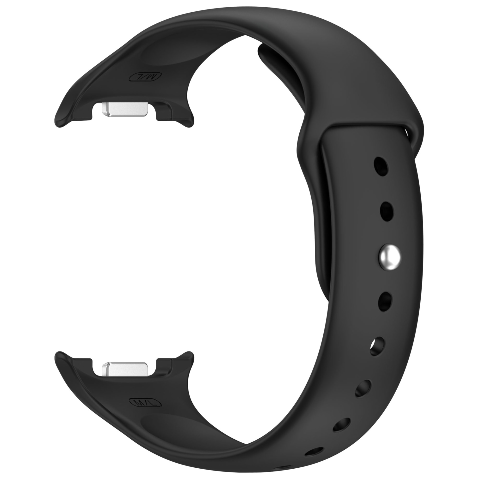 Ein schwarzes Uhrenarmband mit geschwungenem Design. Es hat mehrere Löcher und einen silbernen Verschluss. Der Hintergrund ist weiß.