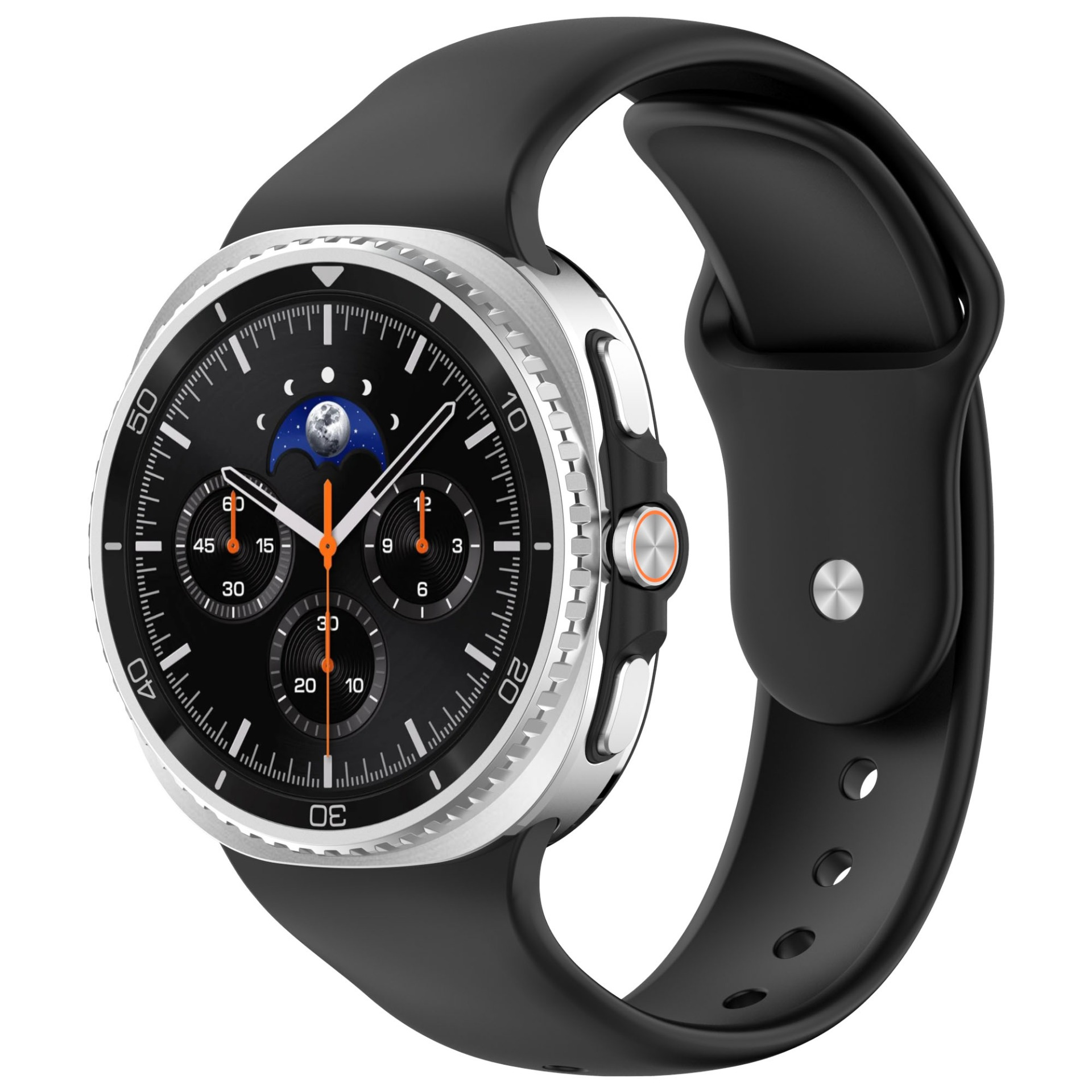 Eine runde Smartwatch mit schwarzem Zifferblatt, silberner Lünette und schwarzem Armband. Die Uhr zeigt die Uhrzeit an und hat orangefarbene Zeiger.