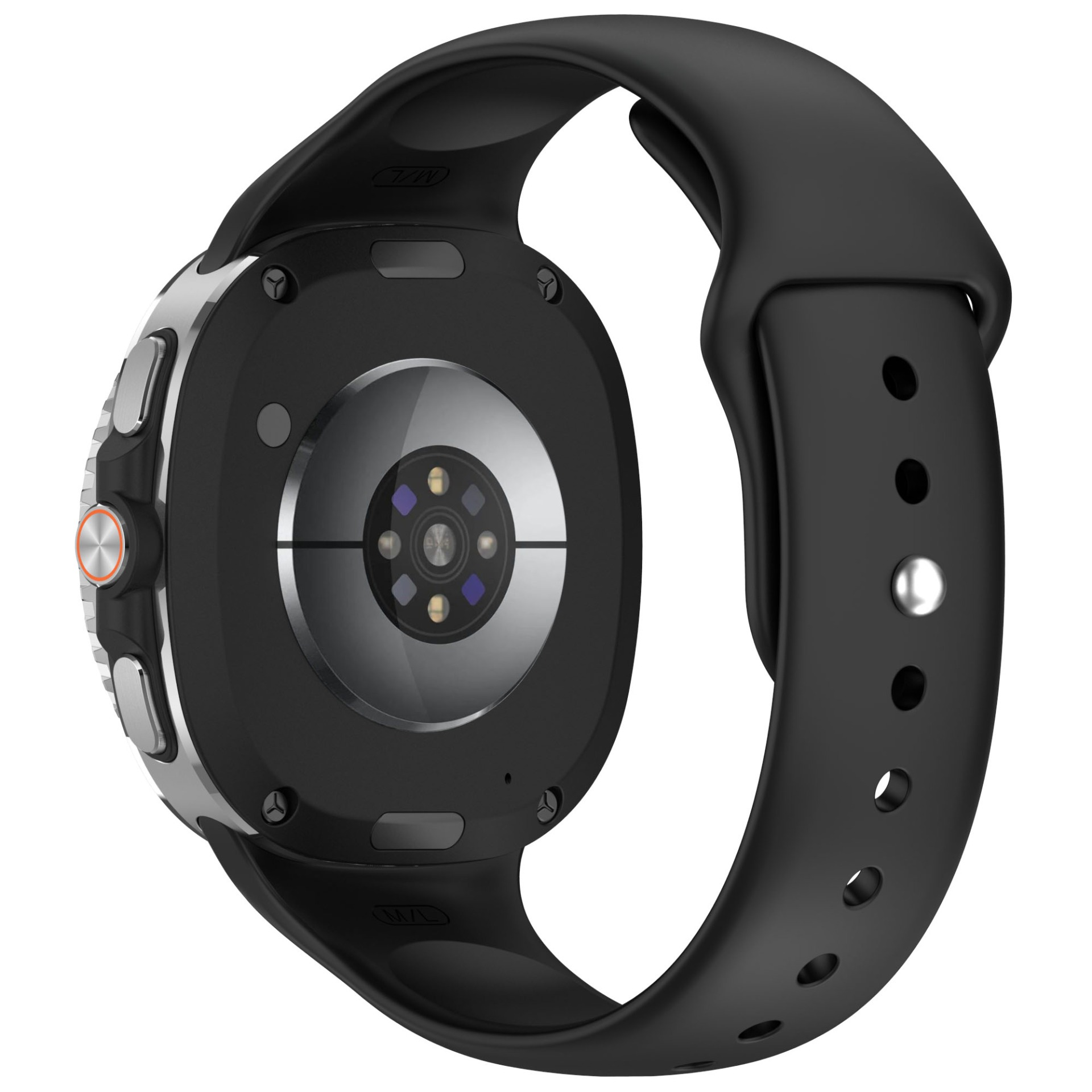 Eine schwarze Smartwatch mit schwarzem Armband. Die Rückseite hat einen Sensor. Die Uhr wird auf weißem Hintergrund angezeigt.