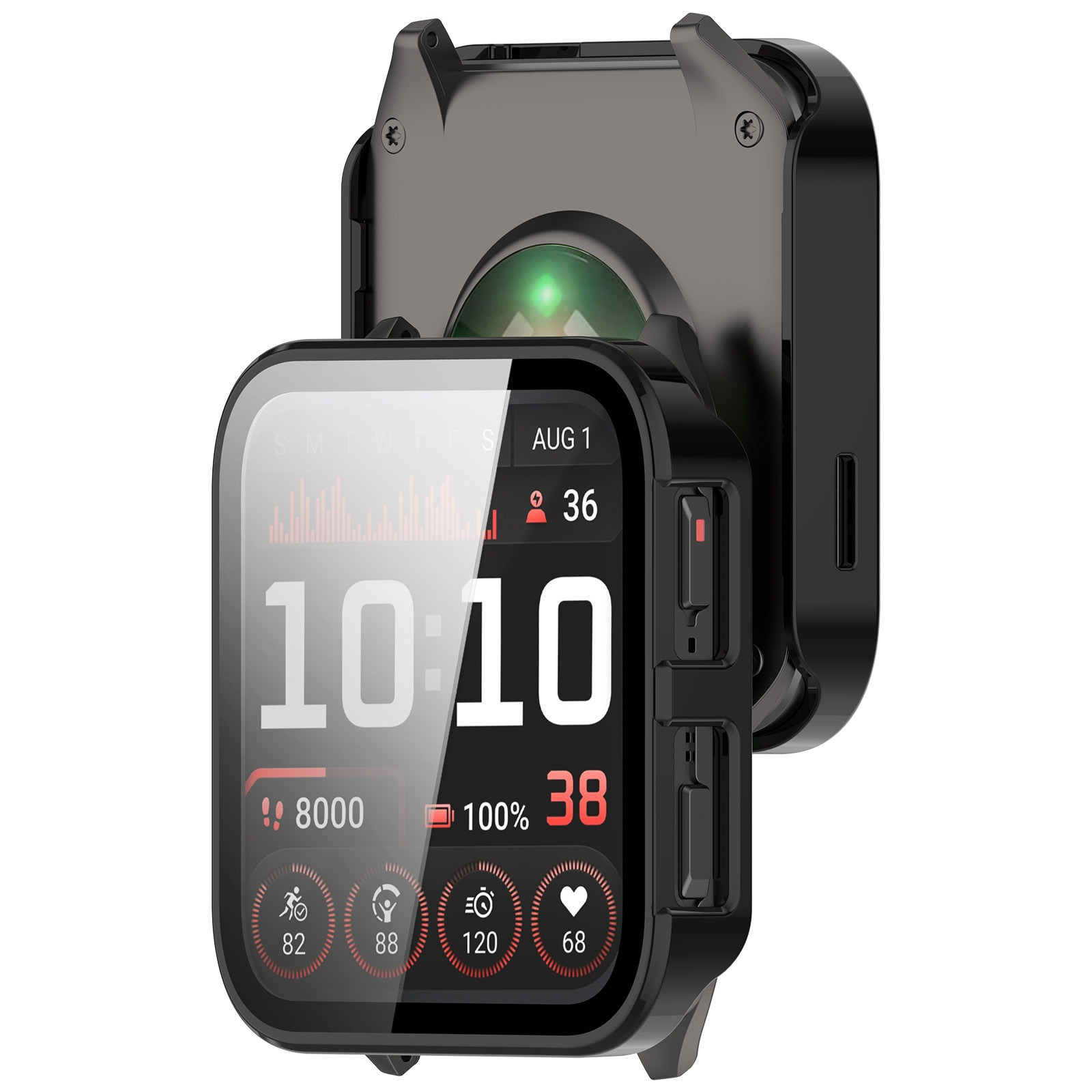 Schwarze Smartwatch mit Uhrzeit, Datum, Akku und Gesundheitsmetriken. Sie hat ein Schutzgehäuse und ist in einer Halterung montiert.