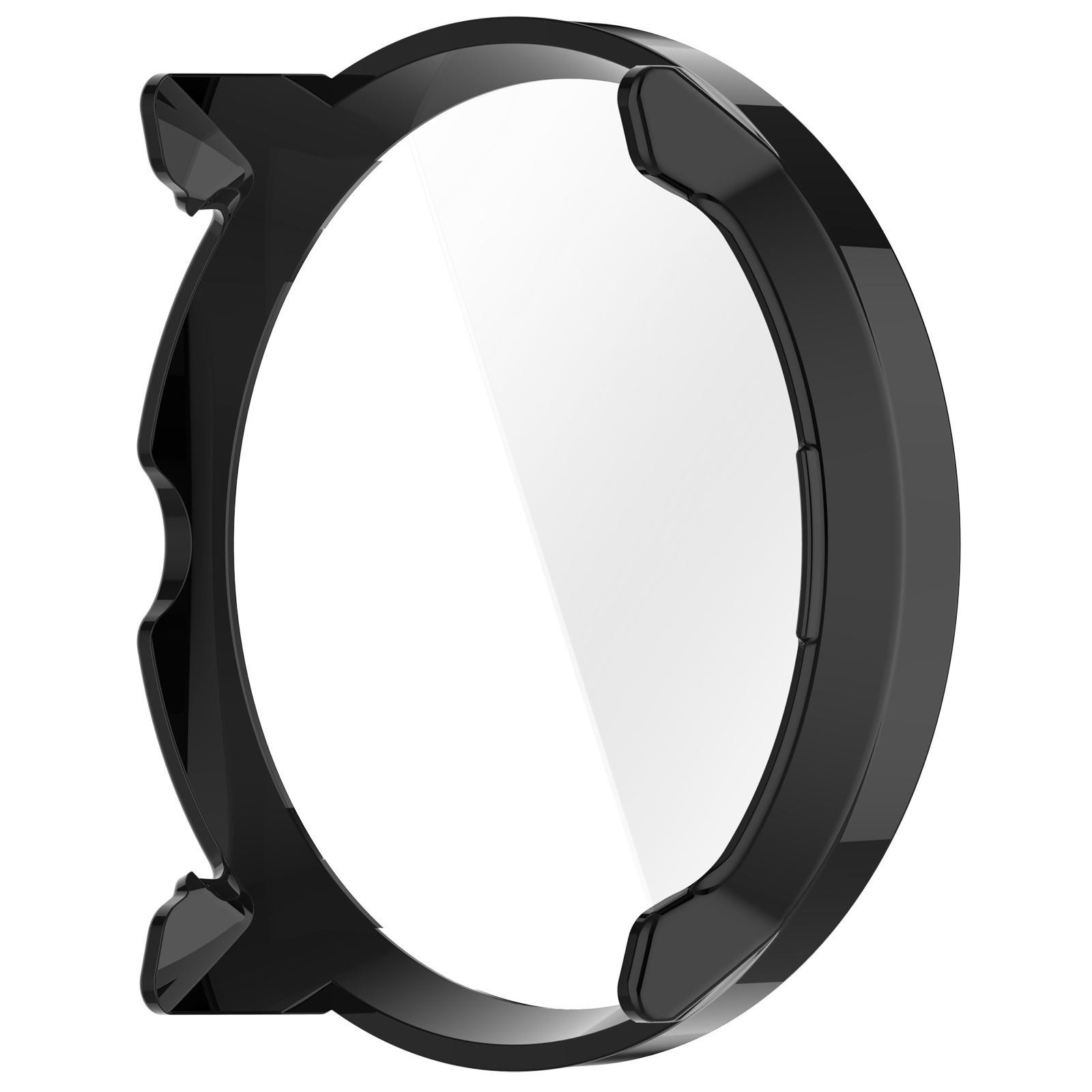 Una cassa di orologio nera con una protezione per lo schermo trasparente. La cassa è rotonda e ha una finitura lucida. Lo sfondo è bianco.