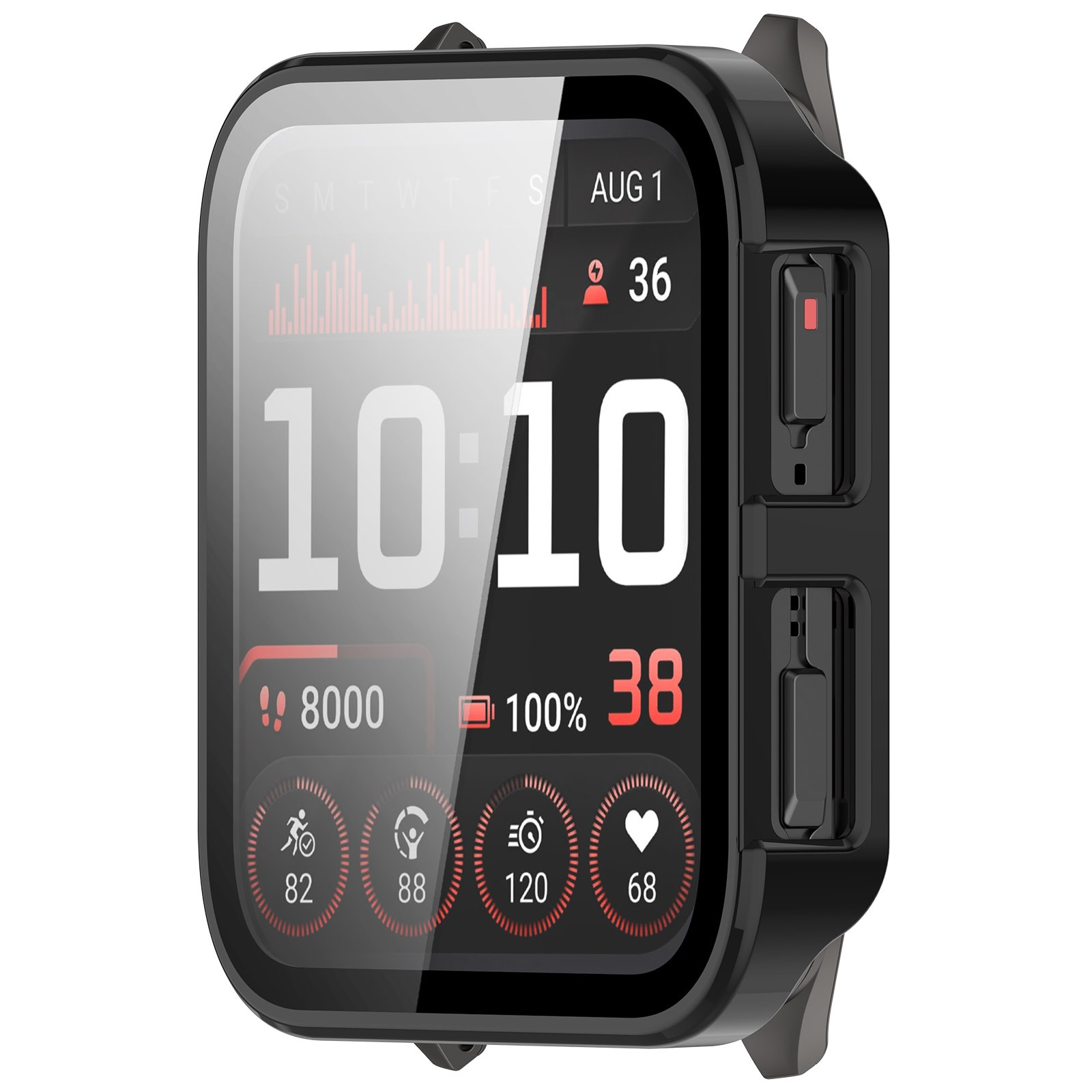 Eine schwarze Smartwatch zeigt die Uhrzeit 10:10 Uhr, das Datum 1. August und Gesundheitsdaten wie Schritte, Herzfrequenz und Akkulaufzeit.