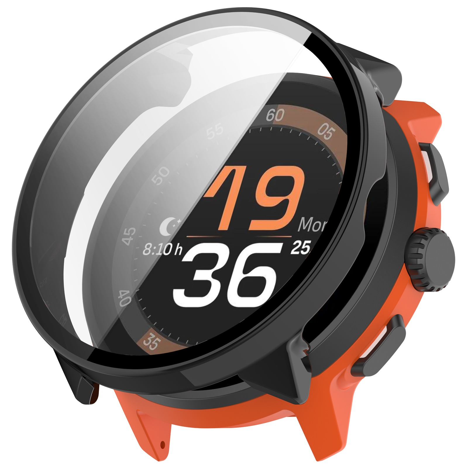 Uno smartwatch con corpo arancione, lunetta nera e protezione schermo trasparente. Il quadrante mostra data e ora.