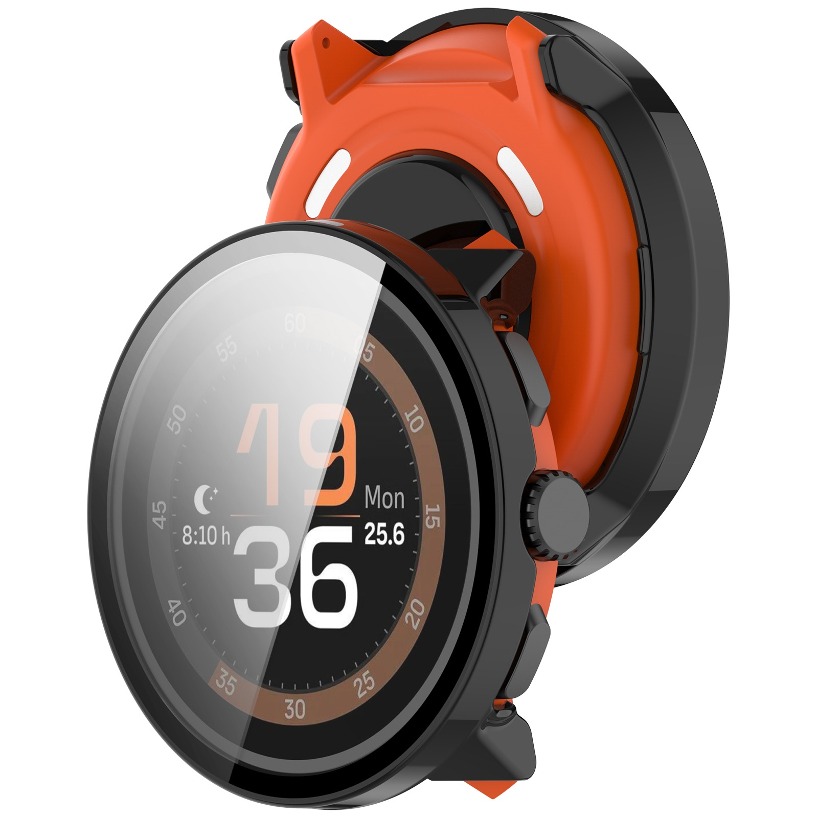 Uno smartwatch con cassa arancione e nera. Lo schermo mostra data e ora. L'orologio è su sfondo bianco.