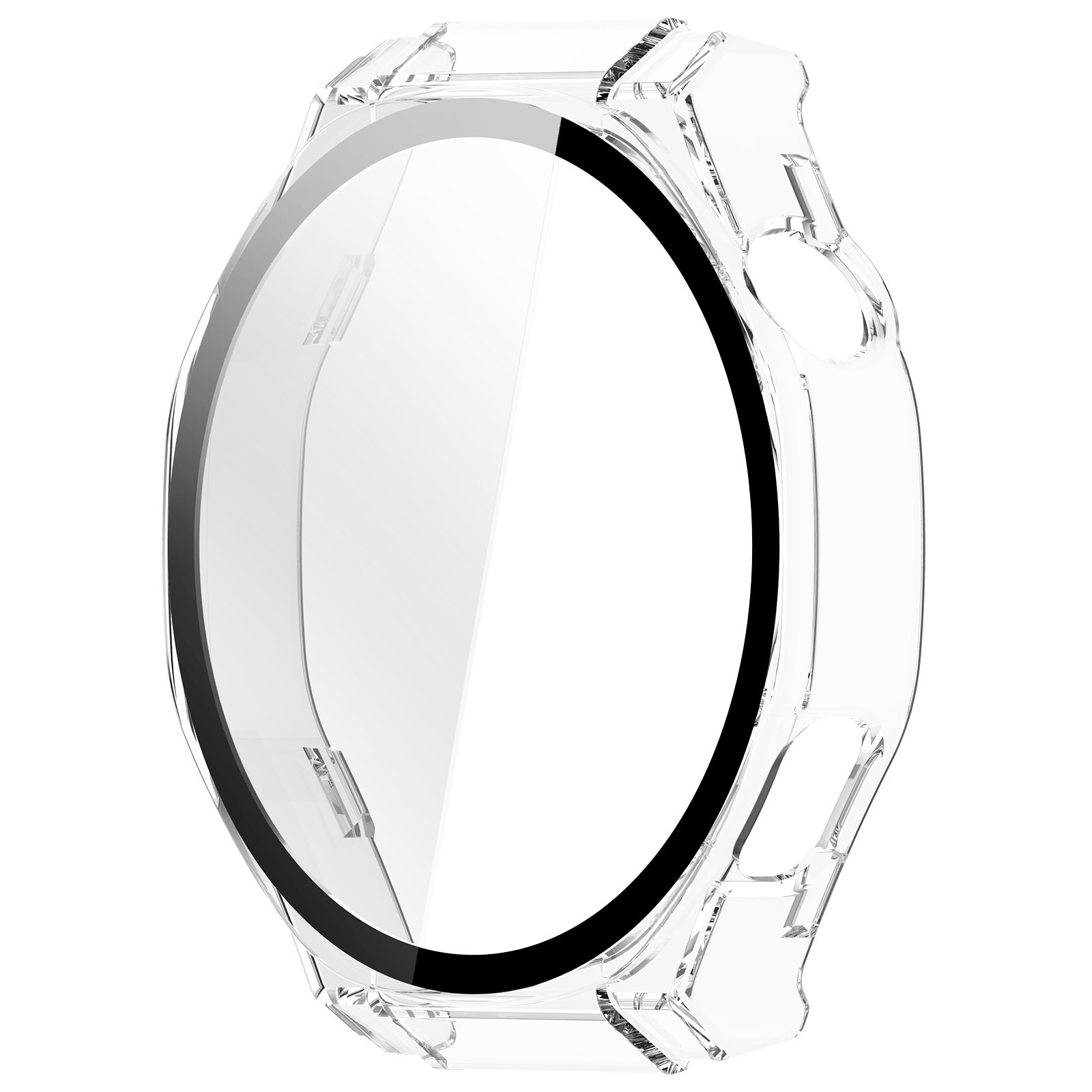 Transparente Uhrenhülle. Das Gehäuse umgibt einen schwarz umrandeten Bildschirm. Es hat ein gebogenes Design und befindet sich auf weißem Hintergrund.