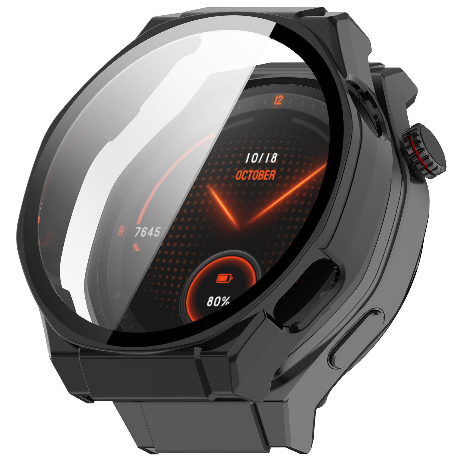 Uno smartwatch nero mostra la data 18/10 Ottobre e l'80% di batteria. L'orologio ha una lunetta nera e un pulsante con accento rosso.