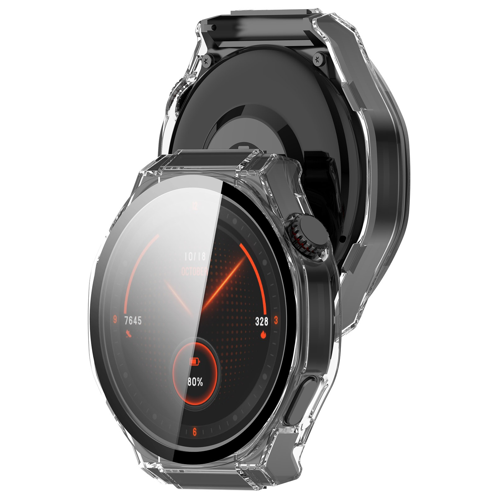 Eine schwarze Smartwatch mit klarer Schutzhülle. Der Bildschirm zeigt Datum, Uhrzeit, Schritte und Akkustand an.