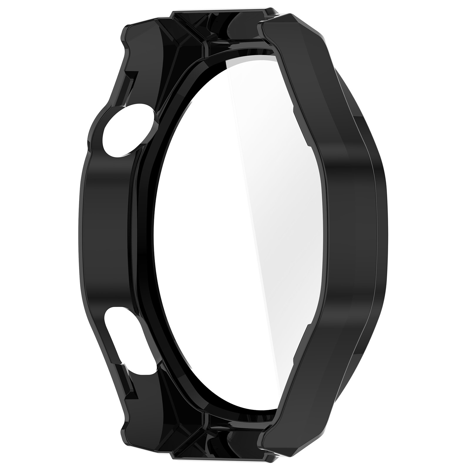 Cassa dell'orologio nera con protezione schermo trasparente. La cassa ha due aperture circolari e una finitura lucida su sfondo bianco.