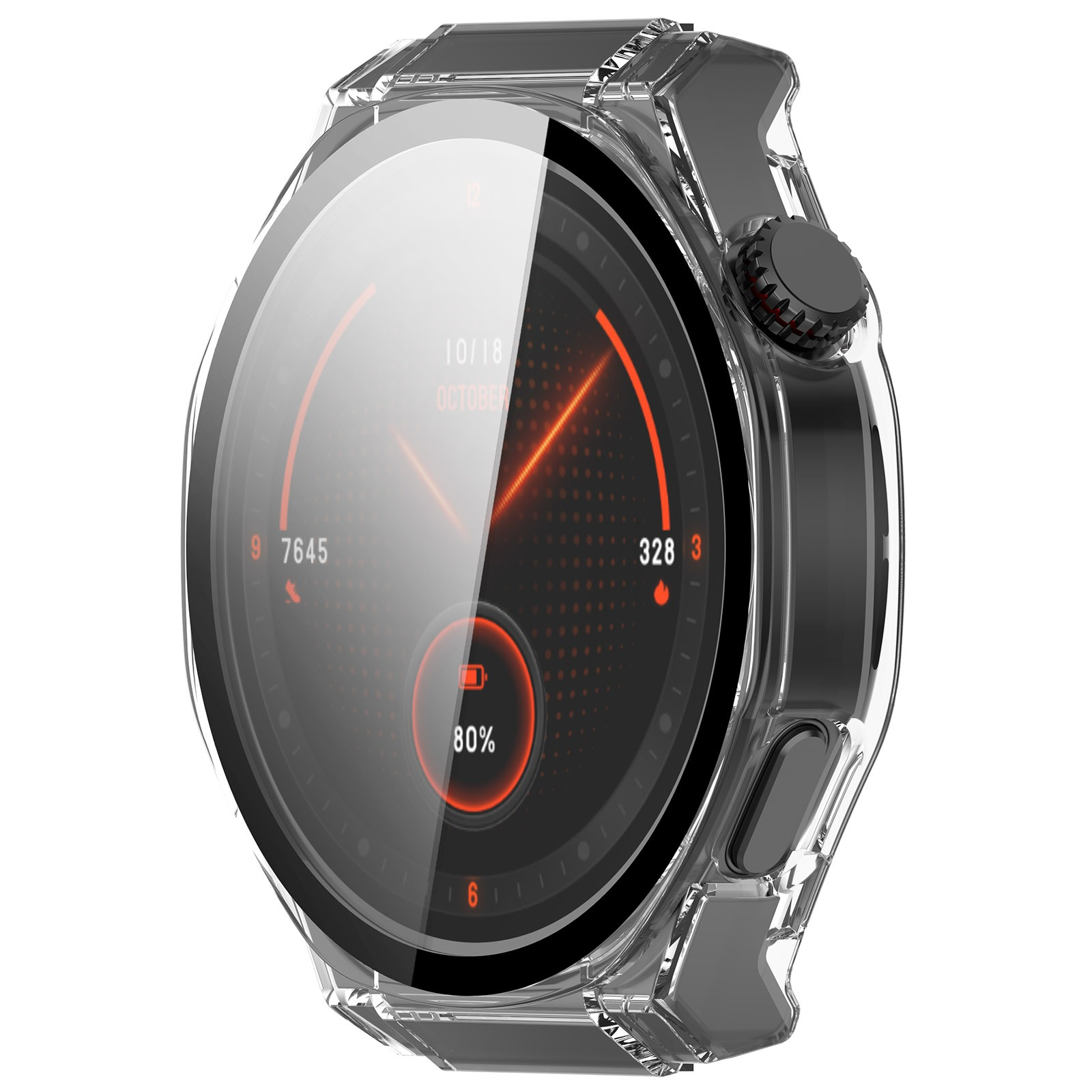 Eine Smartwatch mit transparentem Gehäuse. Auf dem Bildschirm werden Datum, Schritte und Akkulaufzeit angezeigt. Seitentaste und Zifferblatt sind sichtbar.