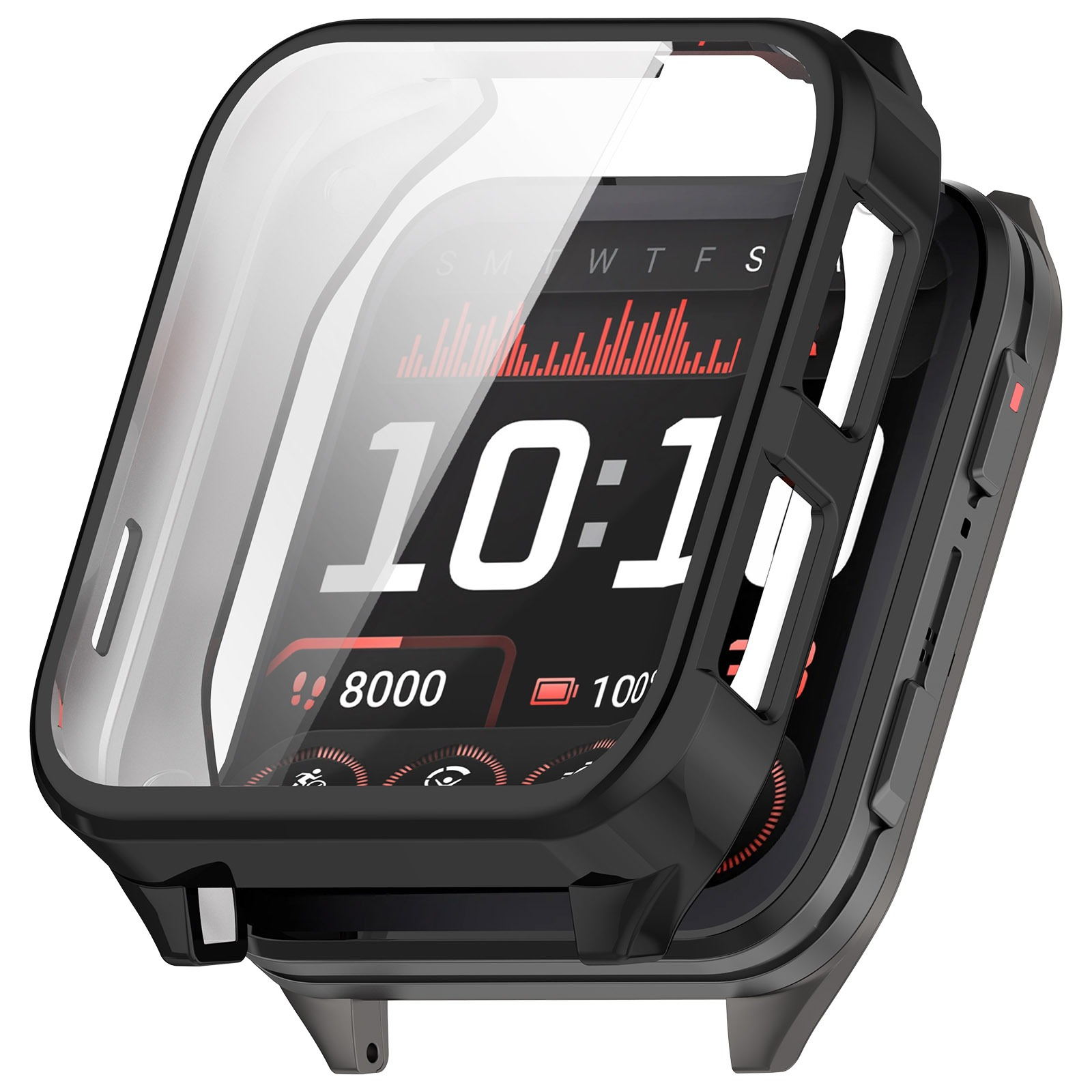 Uno smartwatch con cassa nera, mostra l'ora 10:19, 8000 passi e batteria 100%, protetto da una copertura trasparente.