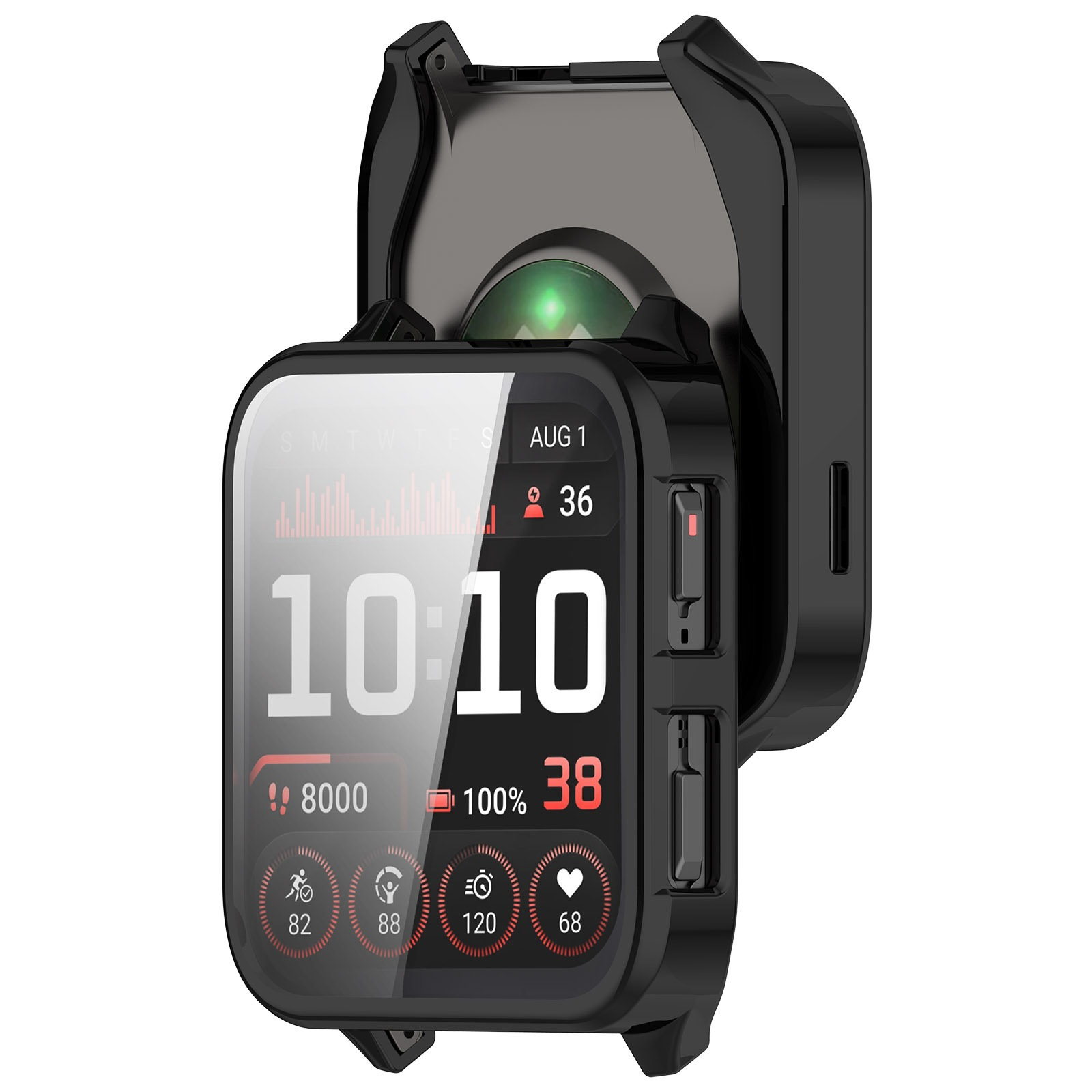 Uno smartwatch nero visualizza ora, data e parametri sanitari. È racchiuso in una custodia protettiva nera.