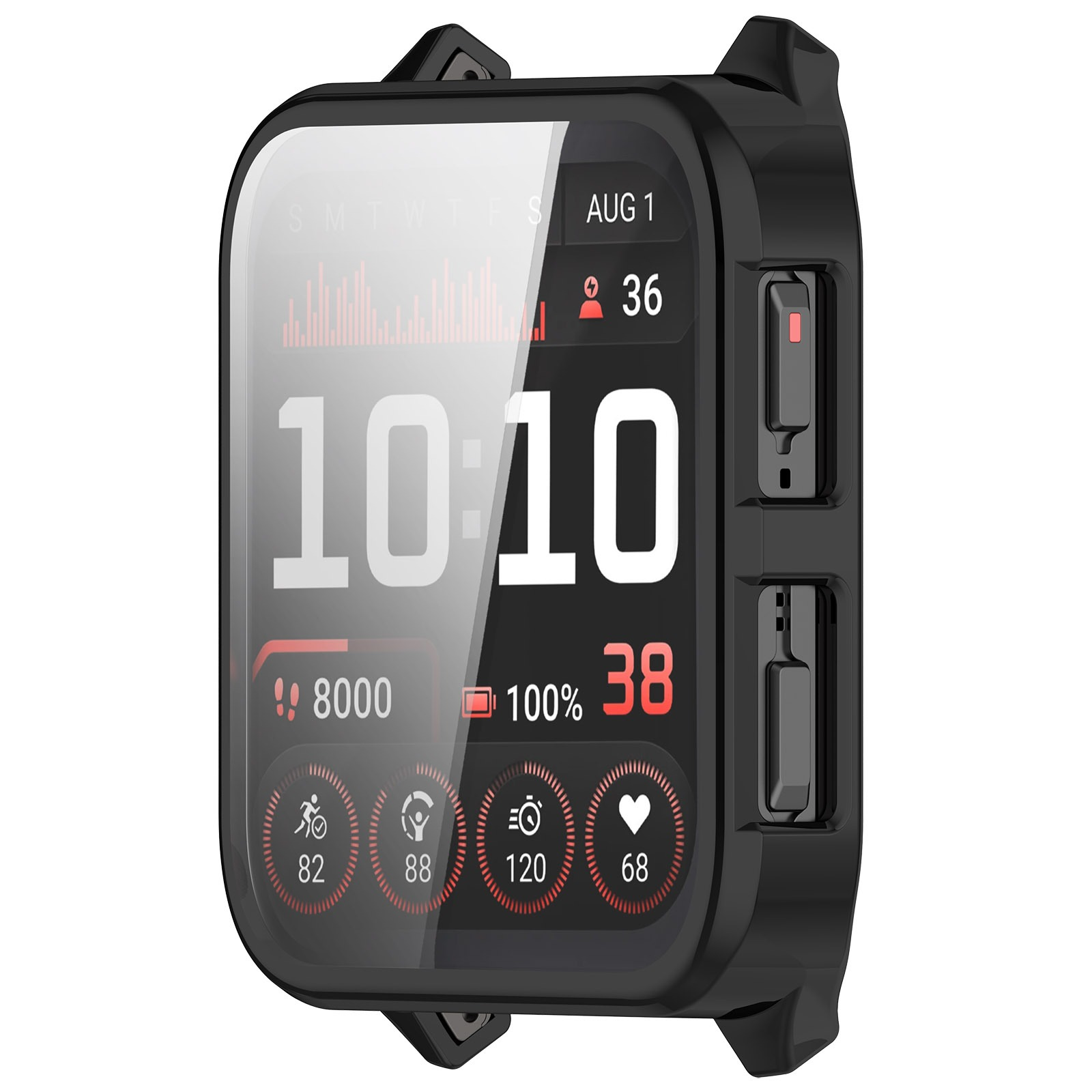Smartwatch nero con display che mostra ora, statistiche e batteria. Pulsanti laterali e lunetta nera.