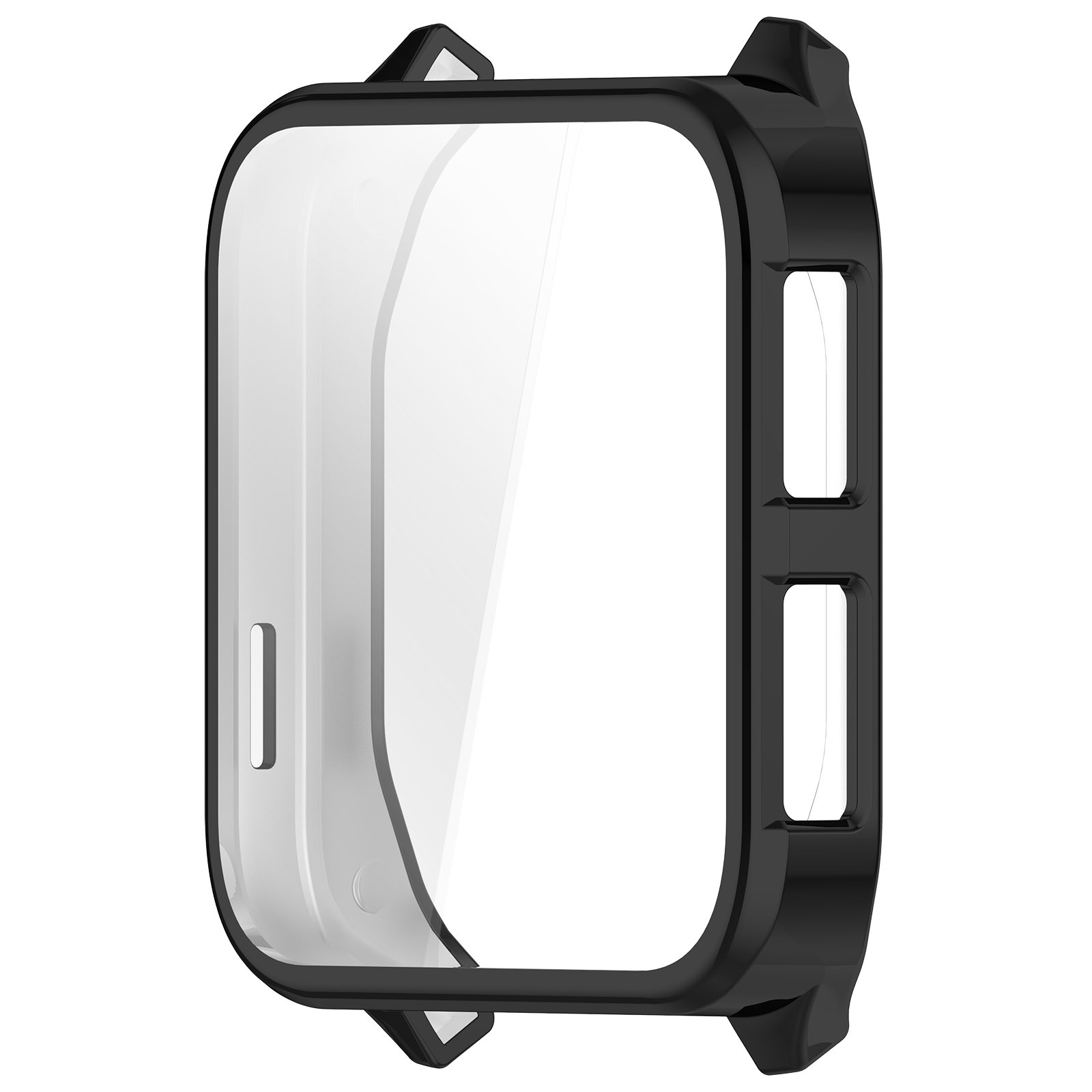 Custodia nera per orologio con copertura trasparente. Forma rettangolare con angoli arrotondati, per proteggere uno smartwatch.
