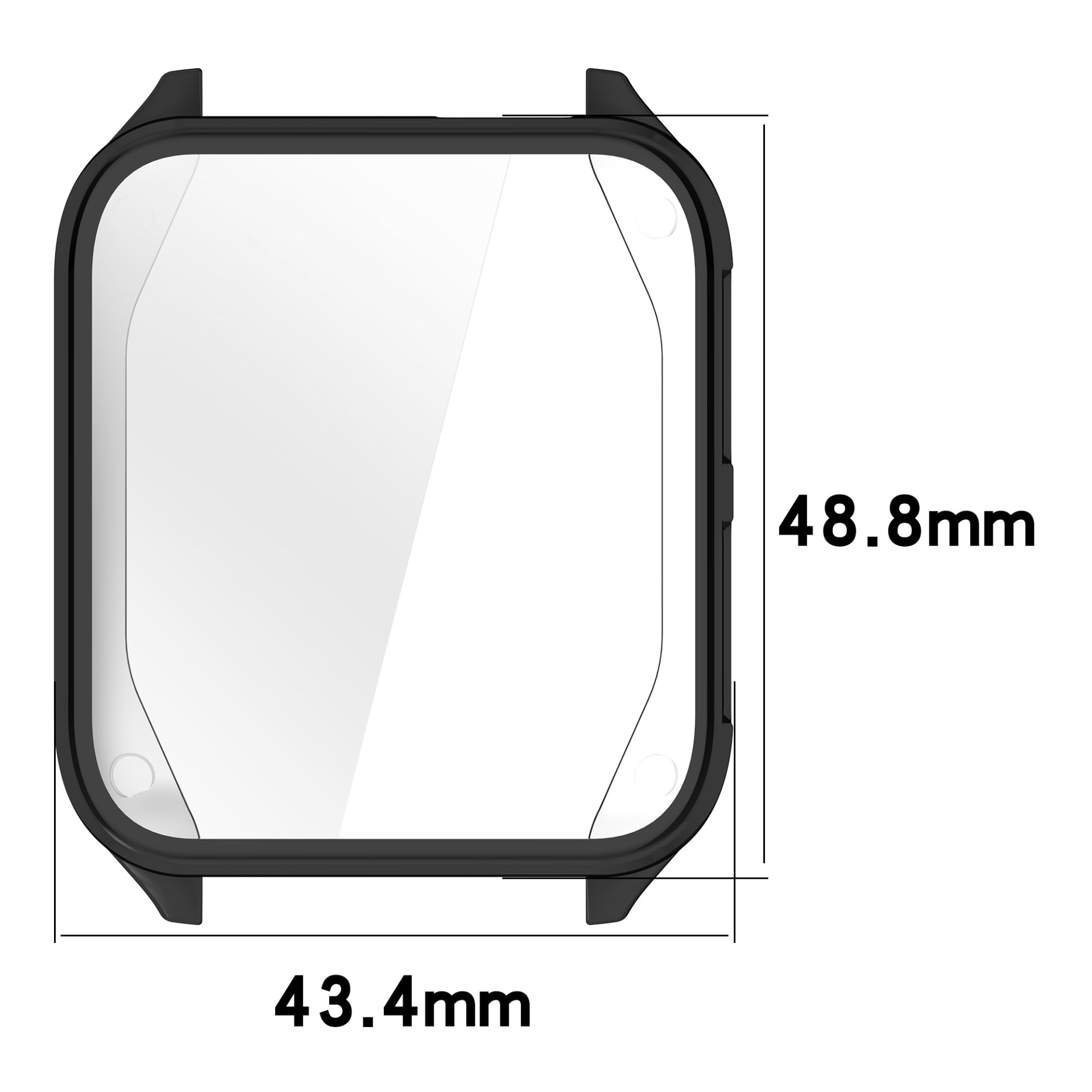 Cassa dell'orologio nera con protezione schermo trasparente. Dimensioni 43,4 mm x 48,8 mm. Sfondo bianco.