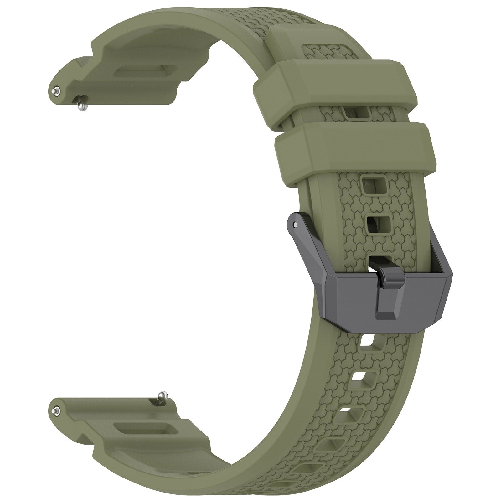 Olivgrünes Uhrenarmband mit schwarzer Schnalle. Das Armband hat ein strukturiertes Muster und ist gebogen. Es befindet sich auf weißem Hintergrund.